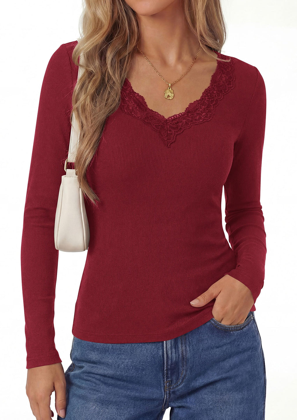 PRETTYGARDEN Women's Lace V Neck Long Sleeve Fitted T Shirts | Going Out Tops, Basic Tees, Soft Stretchy Ribbed Knit Underscrub, Casual Blouses, Y2K Fall Outfits, Layering Winter Clothing