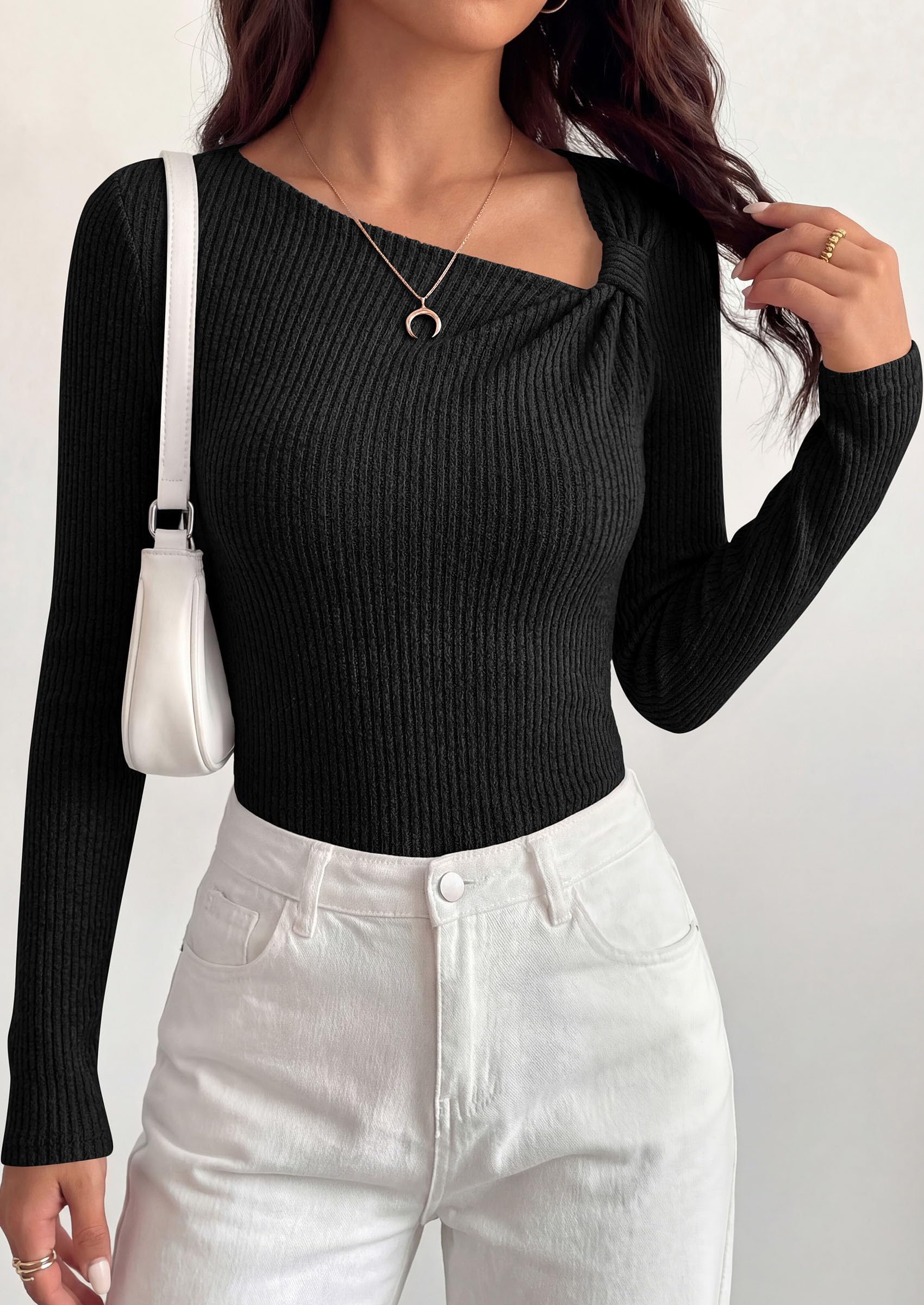 PRETTYGARDEN Womens  Early Fall Fashion Long Sleeve T Shirts Asymmetrical Ribbed Fitted Trendy Going Out Tops Y2K Outfits