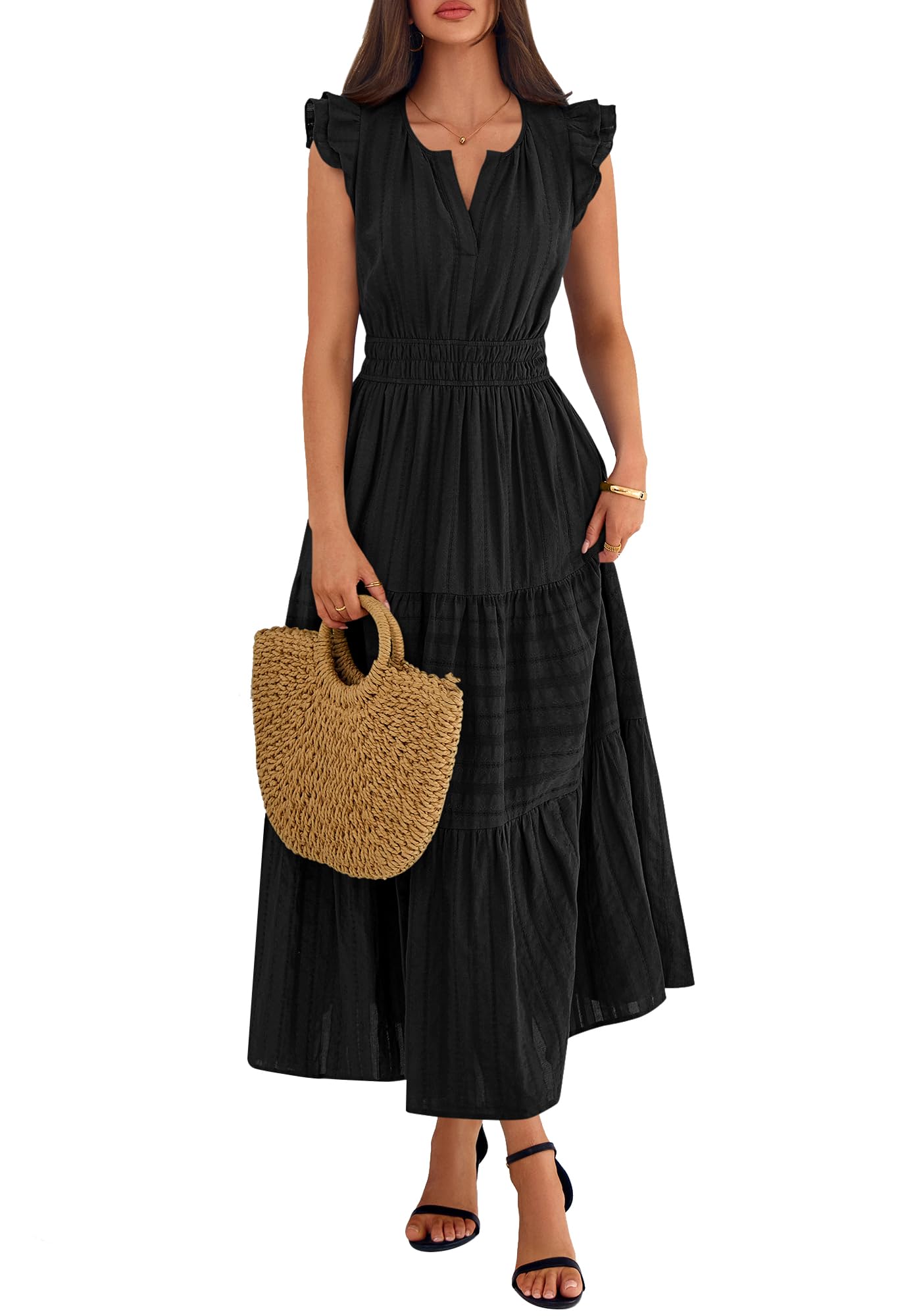 BTFBM Womens Summer Maxi Dress  Spring Boho Vacation Ruffle Flutter Short Sleeve A Line Tiered Flowy Dresses Pockets