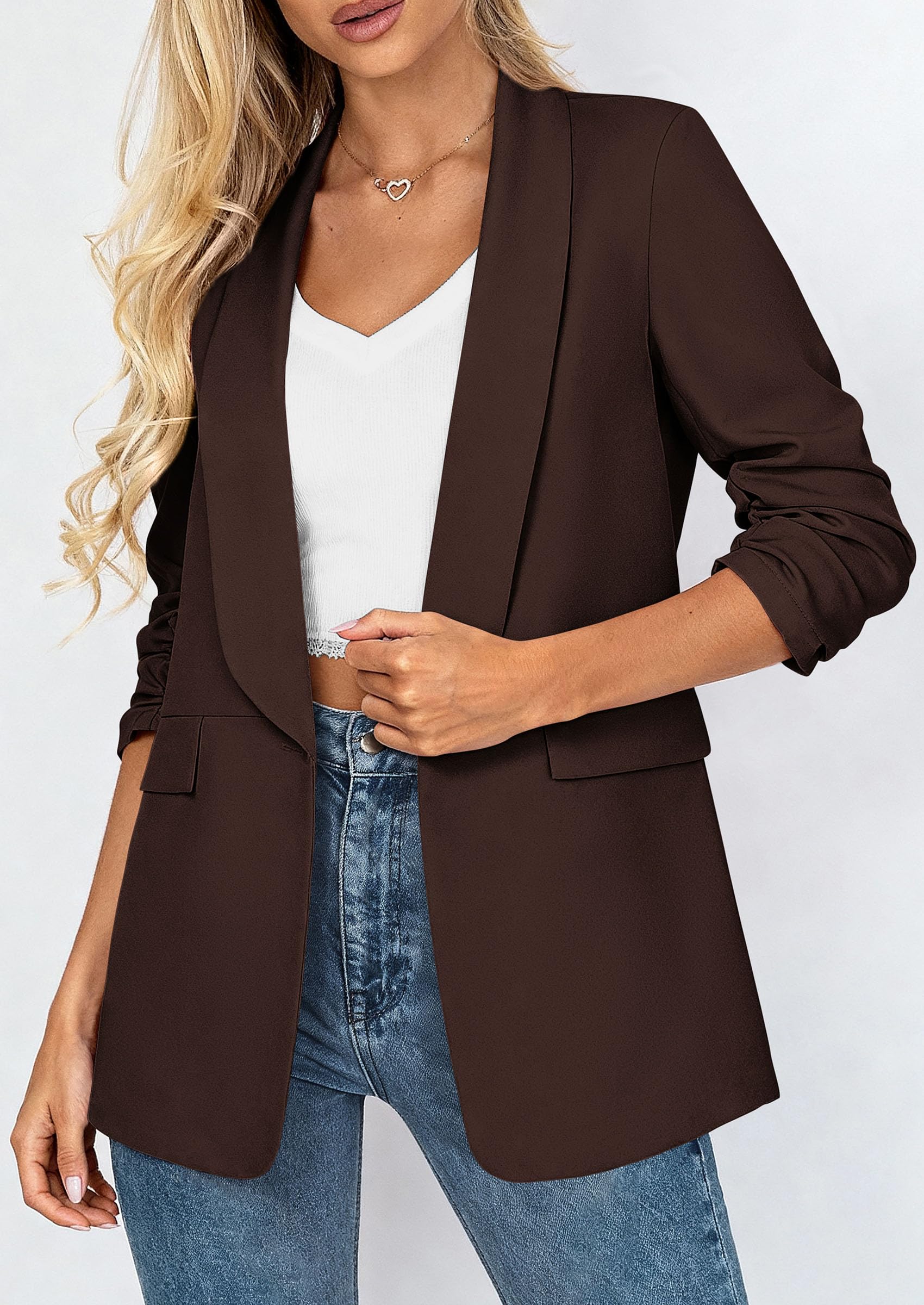 PRETTYGARDEN Women's Summer Blazers Business Casual Outfits | Ruched 3/4 Sleeve,Shawl Lapel,Collared Open Front,Padded Shoulder,Lightweight Jackets,Office Work Suits,Spring Fall Clothes
