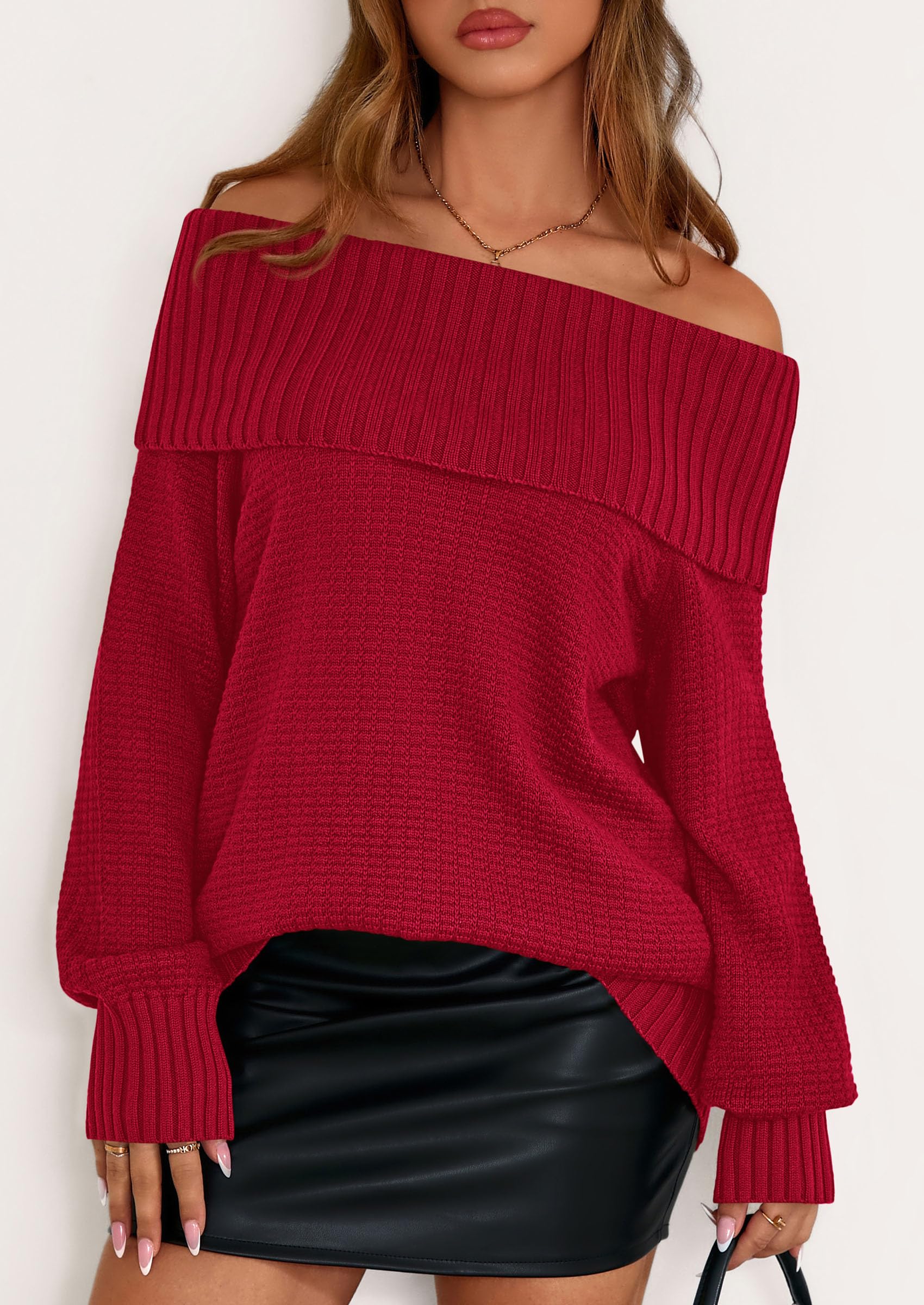PRETTYGARDEN Womens Off The Shoulder Sweater Long Sleeve Tops Loose Knit Pullover Sweaters Fashion Fall Clothes