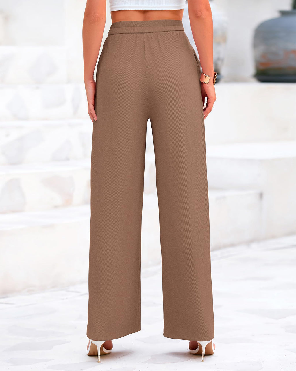 BTFBM Palazzo Pants for Women Spring Summer Clothes Pockets High Waist Casual Knit Flowy Wide Leg Trousers