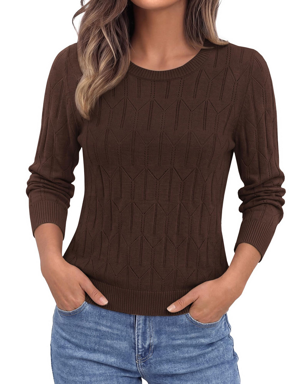 BTFBM Womens Sweaters Long Sleeve Crewneck Pullover Tops Dressy Casual Lightweight Knit Sweater,Small Hollow Out Boho Shirts, Fall Fashion,Winter Layer Basic Clothes,Business Casual Outfits