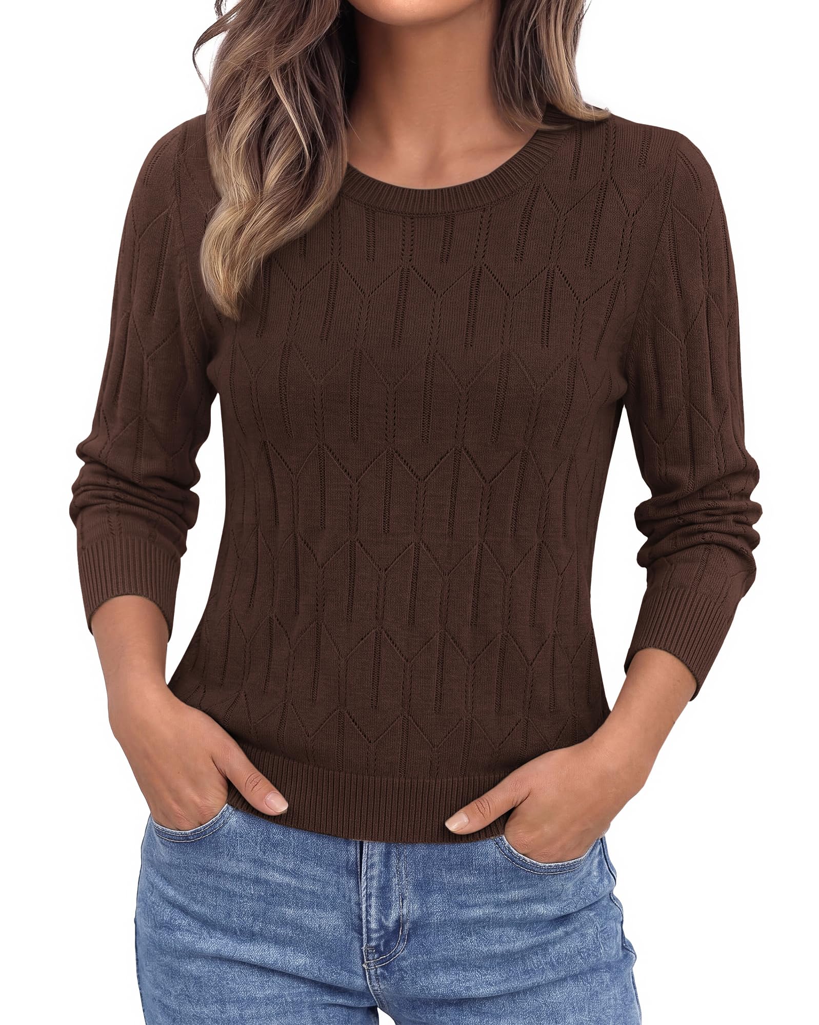 BTFBM Womens Sweaters Long Sleeve Crewneck Pullover Tops Dressy Casual Lightweight Knit Sweater,Small Hollow Out Boho Shirts, Fall Fashion,Winter Layer Basic Clothes,Business Casual Outfits