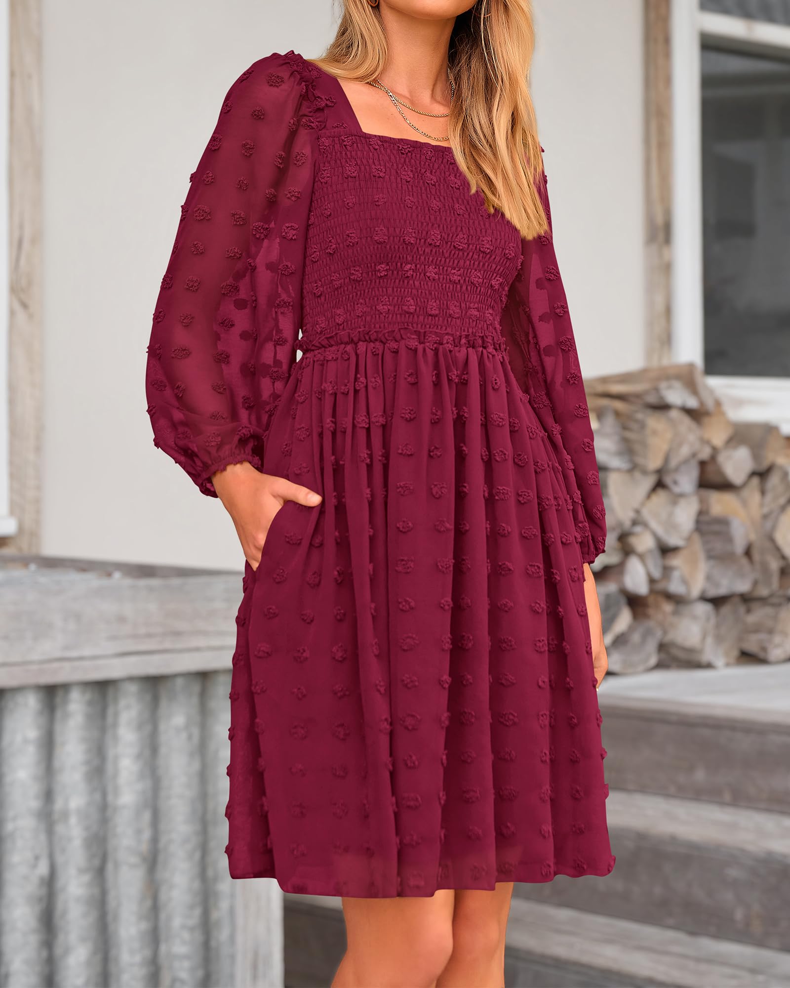 BTFBM Womens Long Sleeve Dress Summer Vacation Square Neck Smocked Floral Mini Boho Spring Wedding Guest Dresses