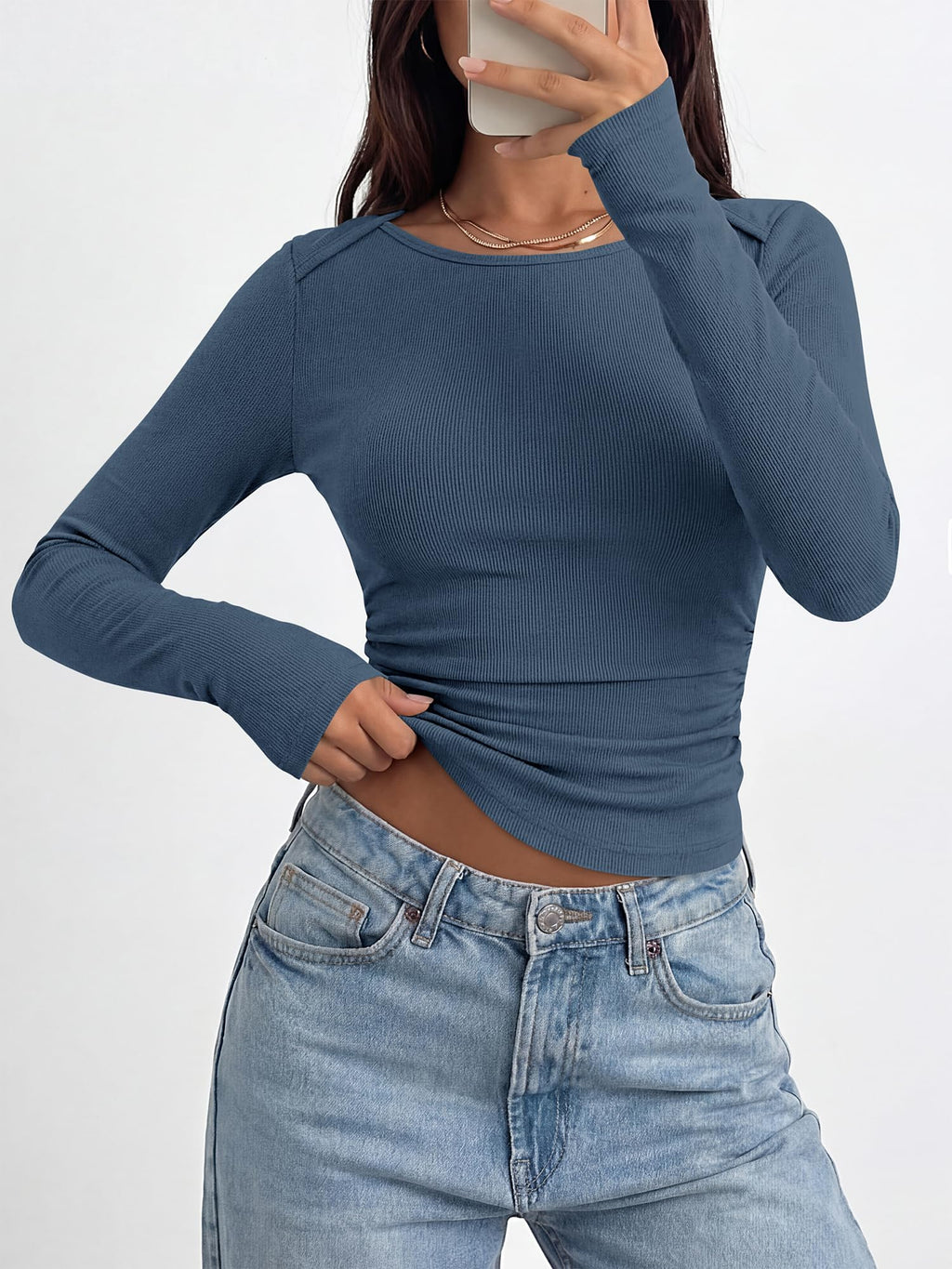 BTFBM Womens Long Sleeve T Shirts Spring Clothes Ribbed Slim Fit Boat Neck Casual Going Out Tops Workout Outfits