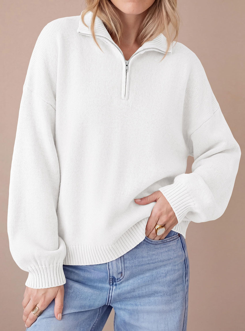 PRETTYGARDEN Women's Quarter Zip Pullover Oversized Sweaters Collared Neck, Long Balloon Sleeve, Jumper Tops, Soft Cozy Knit, Ribbed Hem, Loose Fit, Fall Outfits, Winter Fashion Clothing