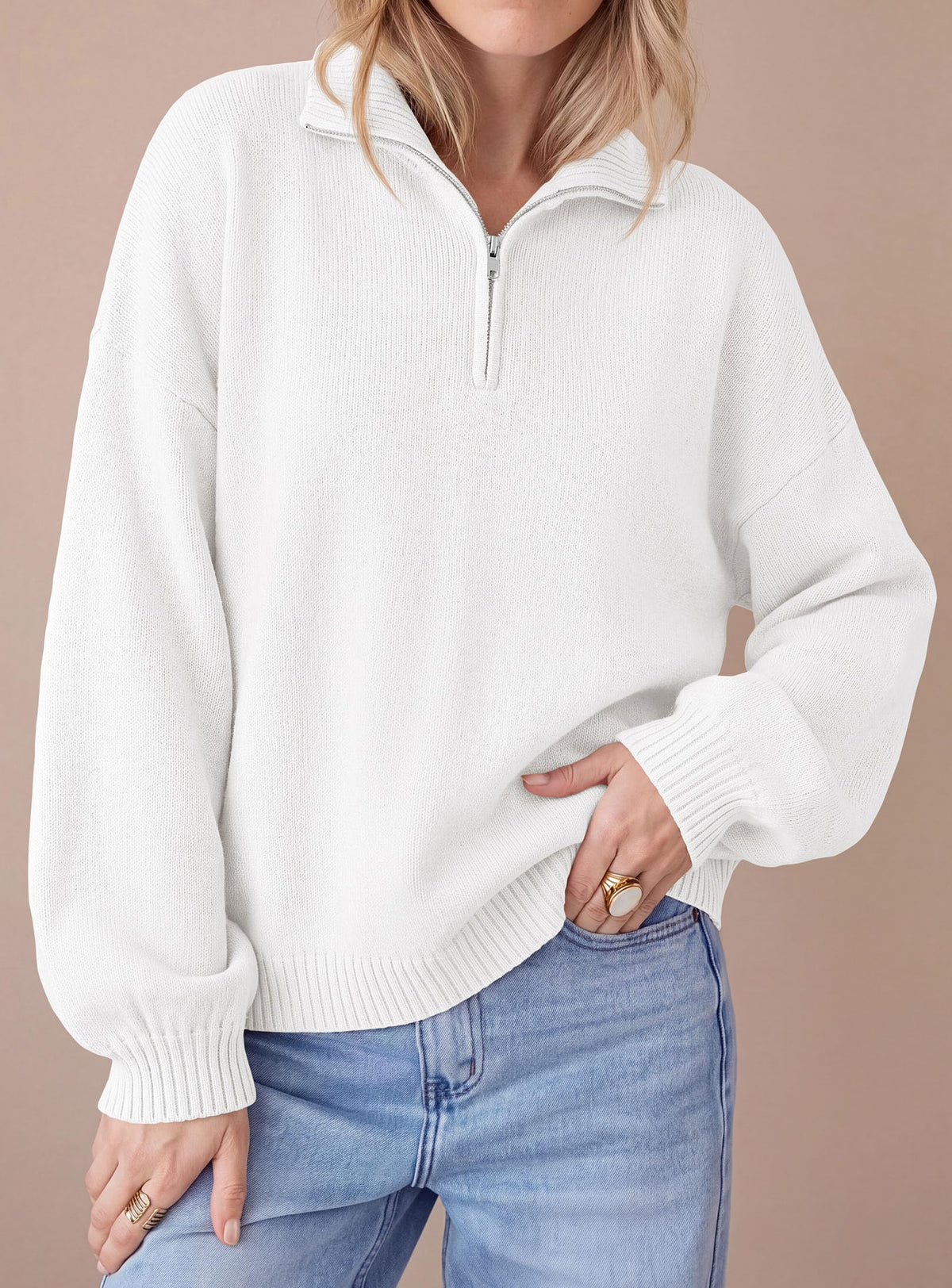 PRETTYGARDEN Women's Quarter Zip Pullover Oversized Sweaters Collared Neck, Long Balloon Sleeve, Jumper Tops, Soft Cozy Knit, Ribbed Hem, Loose Fit, Fall Outfits, Winter Fashion Clothing