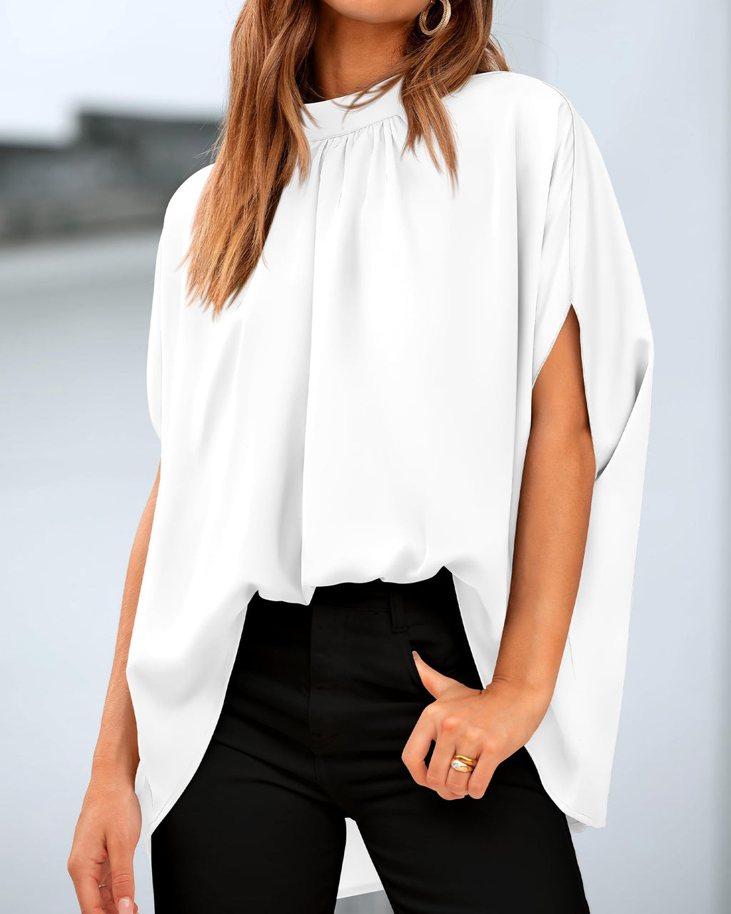 BTFBM Womens Summer Tops Mock Neck Batwing Sleeve Silk Satin Shirts Loose Oversized Dressy Casual Spring Blouses