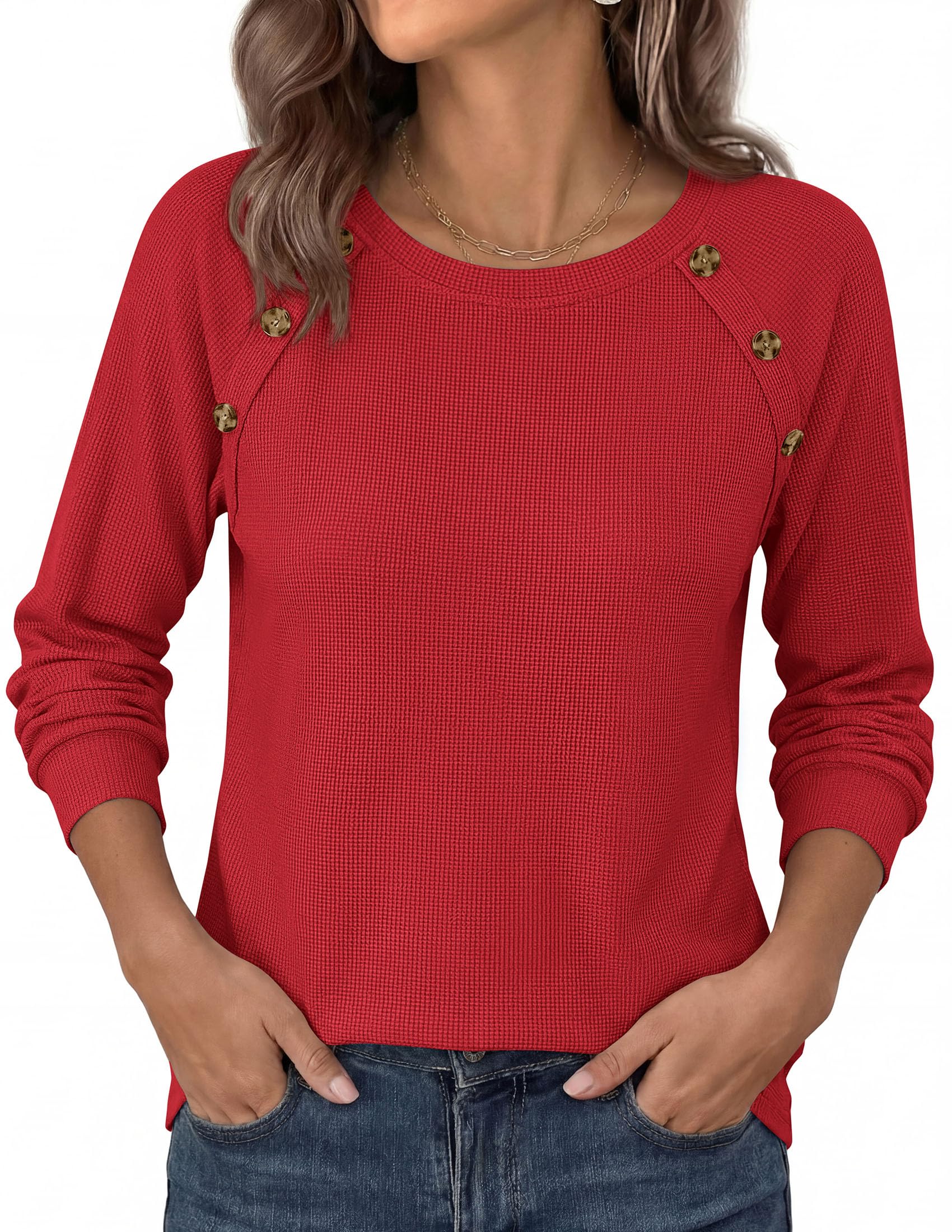 PRETTYGARDEN Long Sleeve Shirts for Women Waffle Knit Tops Fall Fashion Dressy Casual Loose Tunic Blouse Winter Clothing