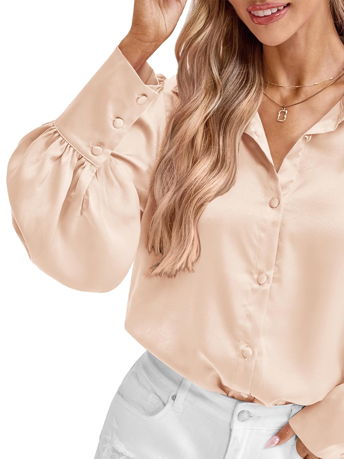 BTFBM Women Satin Blouses Summer Fall Clothes Button Down Lantern Long Sleeve Shirts Work Business Casual Dressy Tops