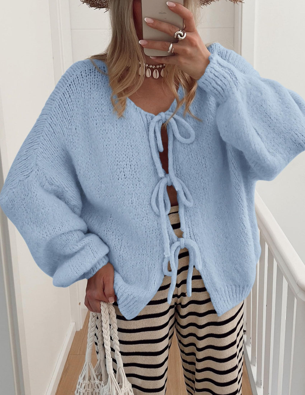 PRETTYGARDEN Women's Tie Front Bow Cardigan Sweaters Chunky Knit Long Puff Sleeve Trendy Fall Winter Jacket Coat