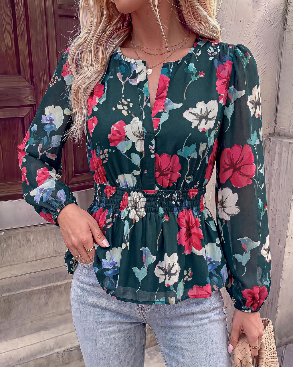 BTFBM Womens Tops Dressy Casual Floral V Neck Long Sleeve Chiffon Shirts | Chiffon Lantern Sleeve Flowy Peplum Sheer Top,Elastic Waist Babydoll Blouses,Boho Vacation Outfits,Fall Fashion Clothing