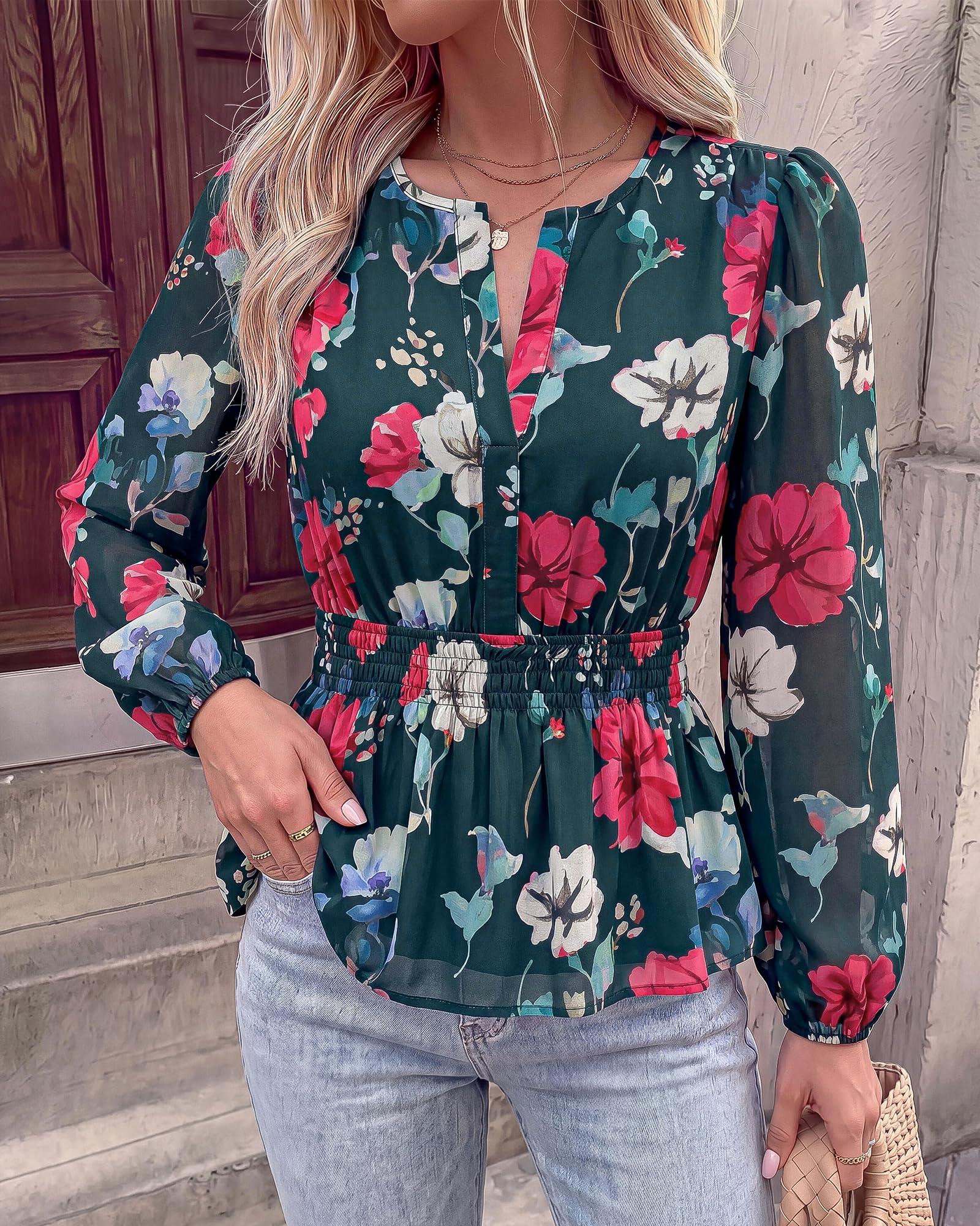 BTFBM Womens Tops Dressy Casual Floral V Neck Long Sleeve Chiffon Shirts | Chiffon Lantern Sleeve Flowy Peplum Sheer Top,Elastic Waist Babydoll Blouses,Boho Vacation Outfits,Fall Fashion Clothing