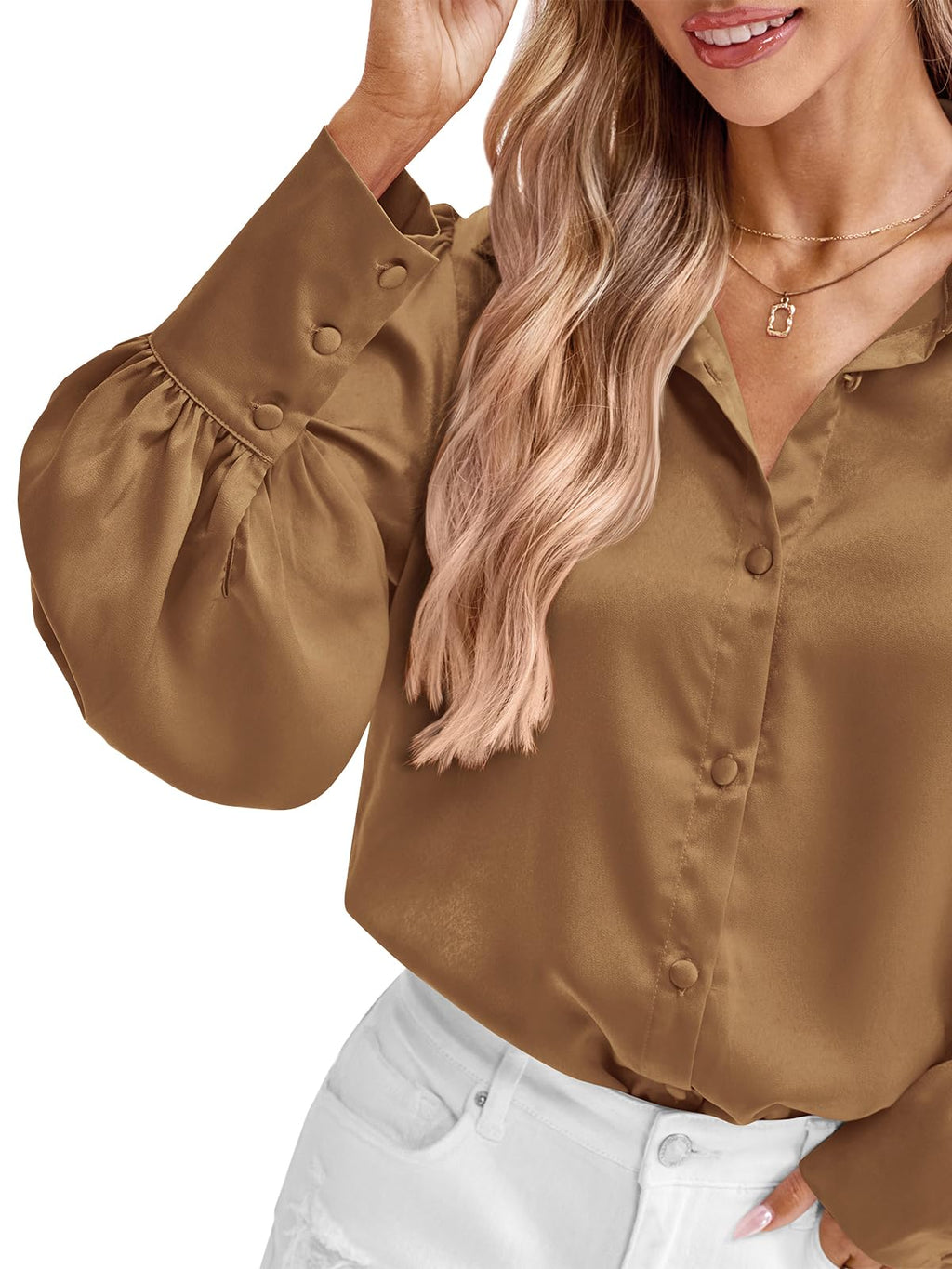 BTFBM Women Satin Blouses Summer Fall Clothes Button Down Lantern Long Sleeve Shirts Work Business Casual Dressy Tops