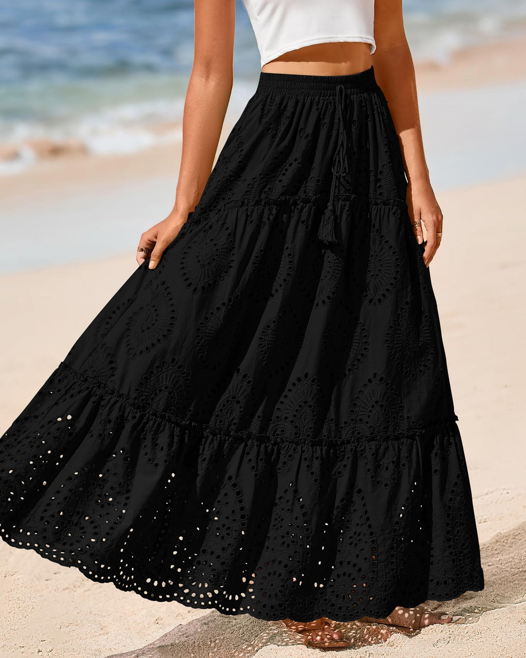 BTFBM Long Skirts for Women Summer Boho Lace Embroidery High Waist Flowy Tiered Spring Maxi Skirt Beach Vacation