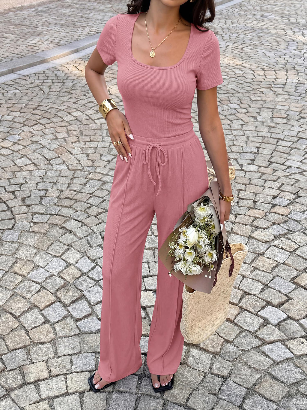 BTFBM Womens Summer 2 Piece Outfits Square Neck Short Sleeve Drawstring Pants Knit Spring Lounge Matching Sets