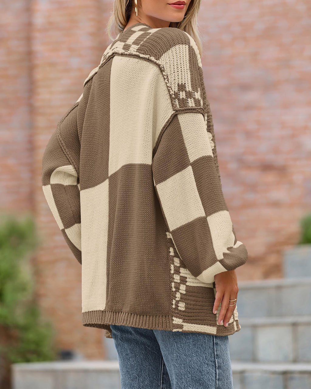 BTFBM Casual Cardigan Sweater for Women Fall Long Sleeve Sweaters Fall Outfits, Loose Fit,Solid,Open Front Chunky Knit Sweaters,Chunky Cardigan Sweaters For Women,Checkered Outwear Coat