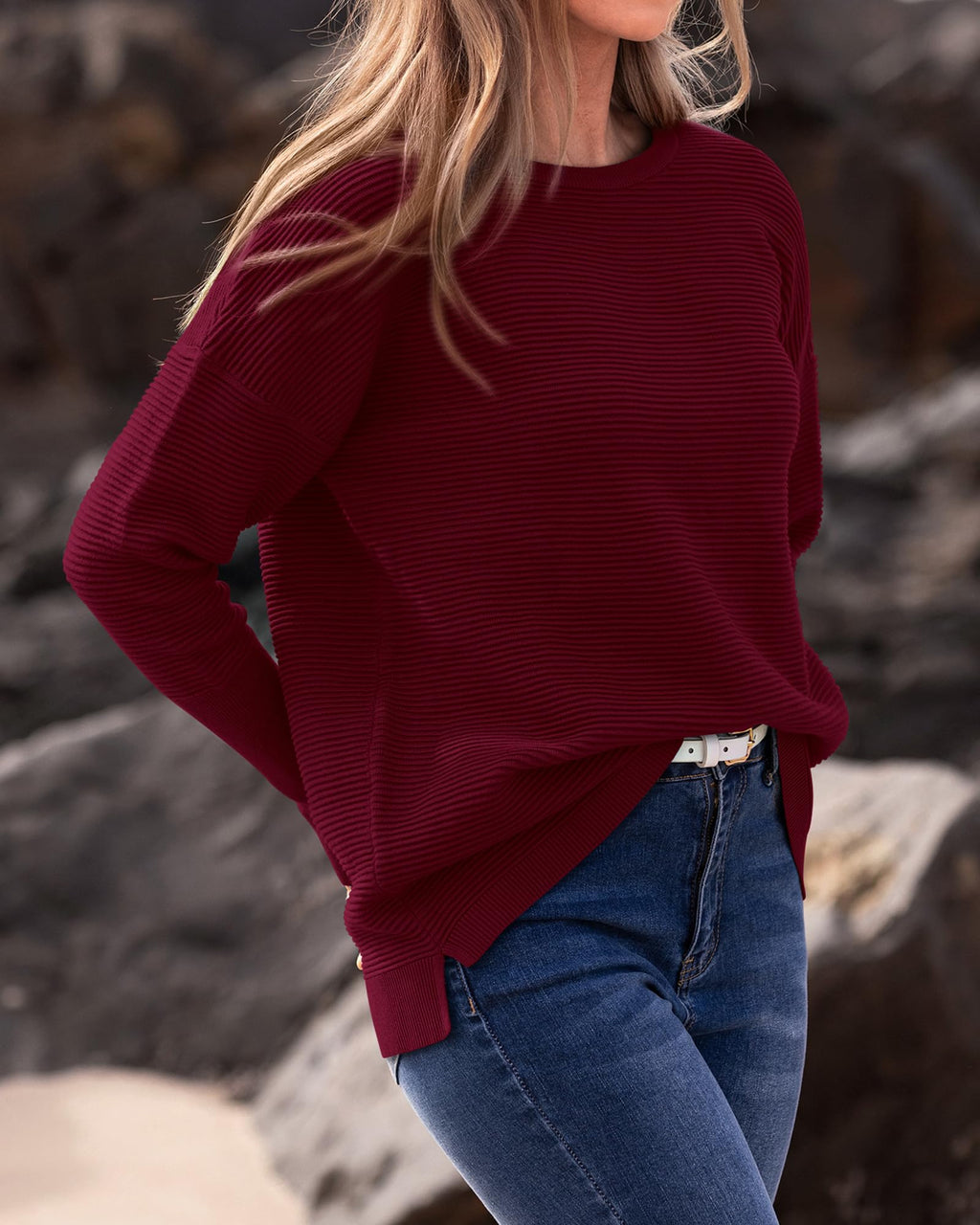 FreshPrettyFall Sweaters for Women Casual Long Sleeve Sweater Striped Loose Fit Pullover Tops