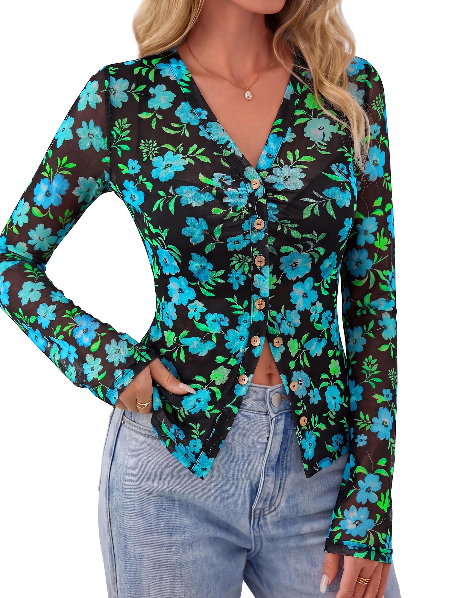 BTFBM Button Down Shirts for Women Spring Boho Tops V Neck Long Sleeve Blouses Ruched Mesh Fitted Fall Fashion