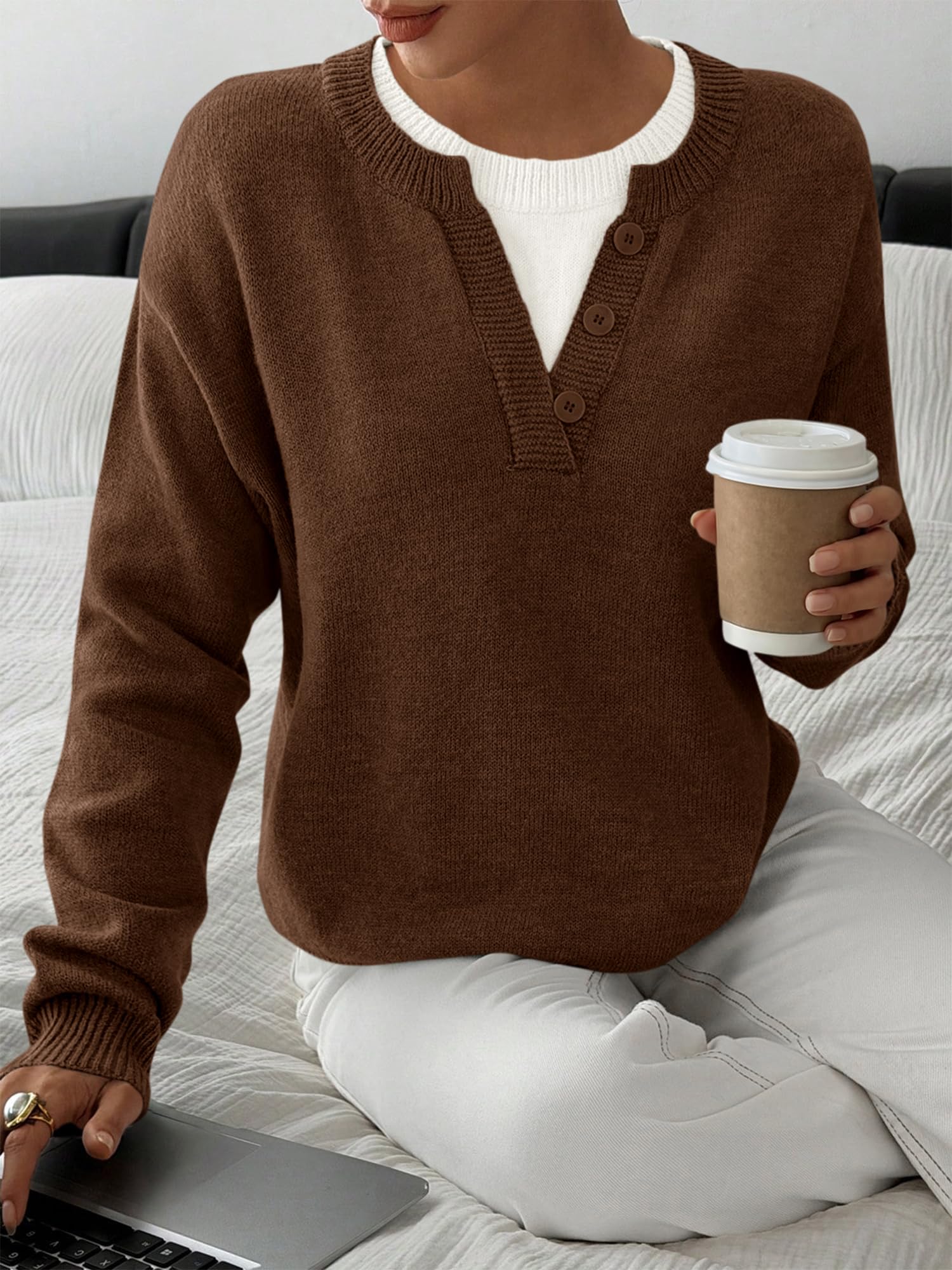 BTFBM Women Long Sleeve Crew Neck Sweaters Tops, 2 in1 Knitted Pullover, Deco Buttons, Oversized, Stretchy, Vacation, Business Casual Outfits, Fall Winter Trendy