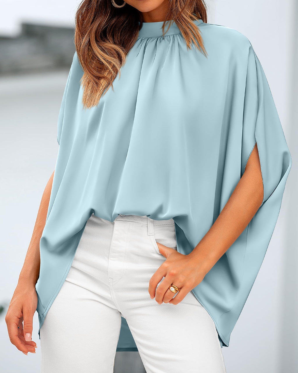 BTFBM Womens Summer Tops Mock Neck Batwing Sleeve Silk Satin Shirts Loose Oversized Dressy Casual Spring Blouses