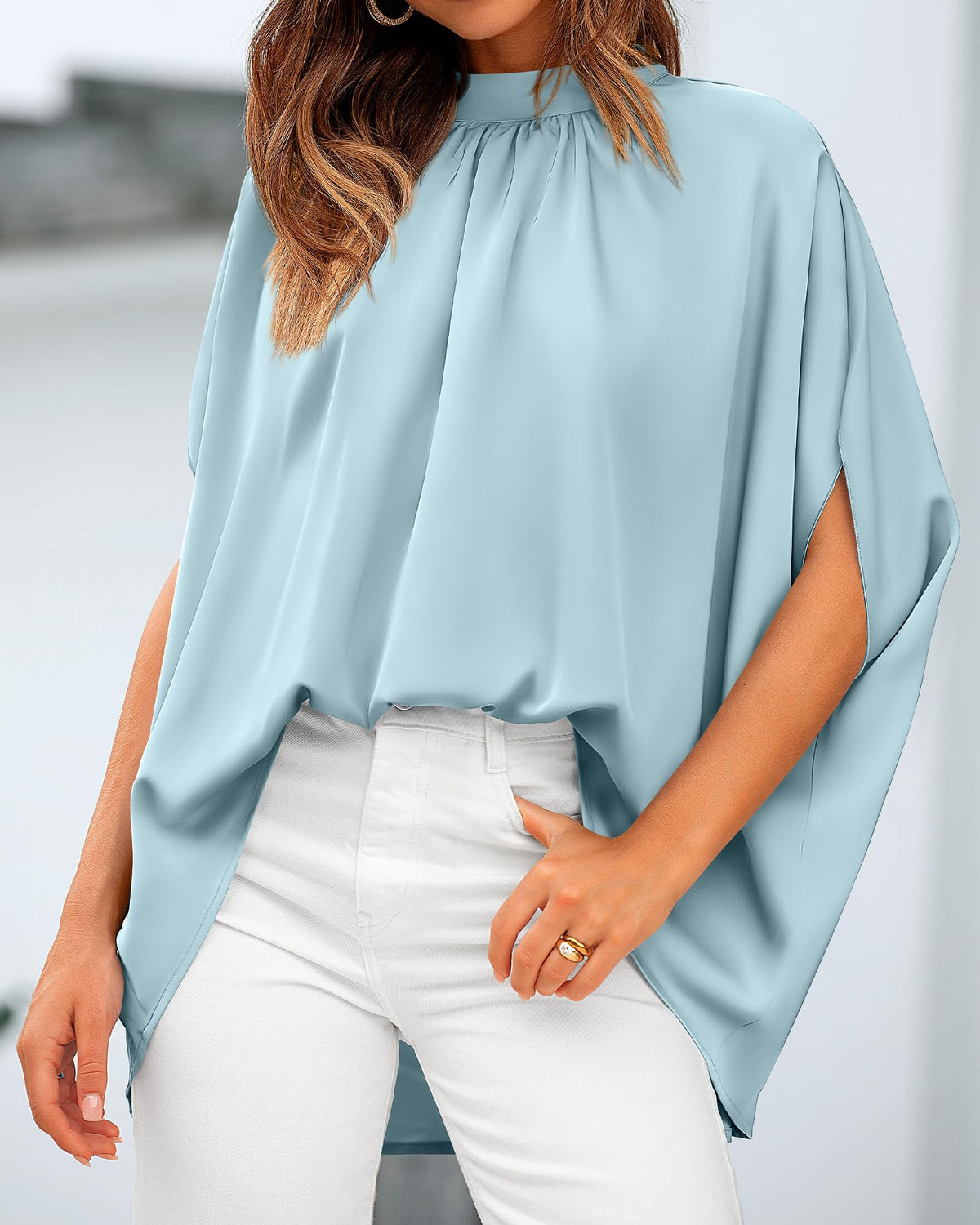 BTFBM Womens Summer Tops Mock Neck Batwing Sleeve Silk Satin Shirts Loose Oversized Dressy Casual Spring Blouses