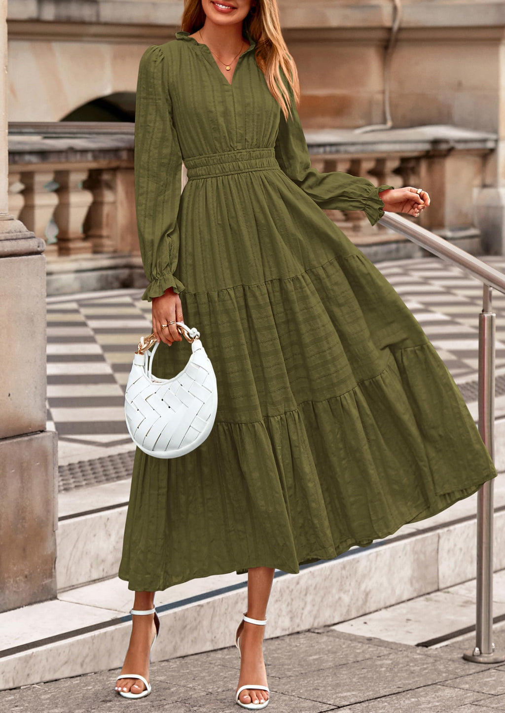 PRETTYGARDEN Women's Fall Wedding Guest Dresses Long Sleeve V Neck Flowy Elegant Holiday Party Maxi Dress with Pockets