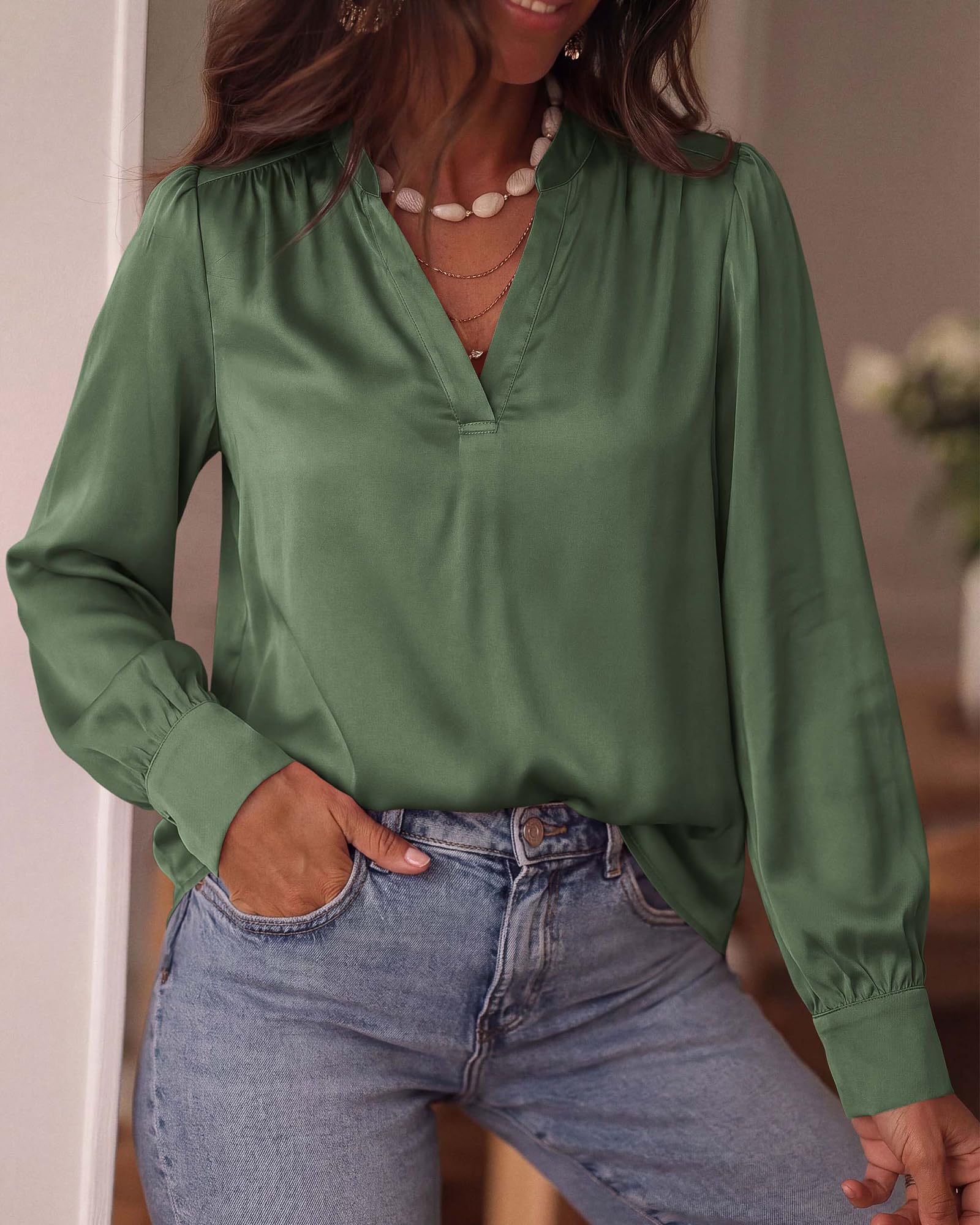 BTFBM Satin Blouses for Women Dressy Casual | Lightweight,V Neck,Long Sleeve Tops,Going Out Outfits,Fall Fashion Clothing