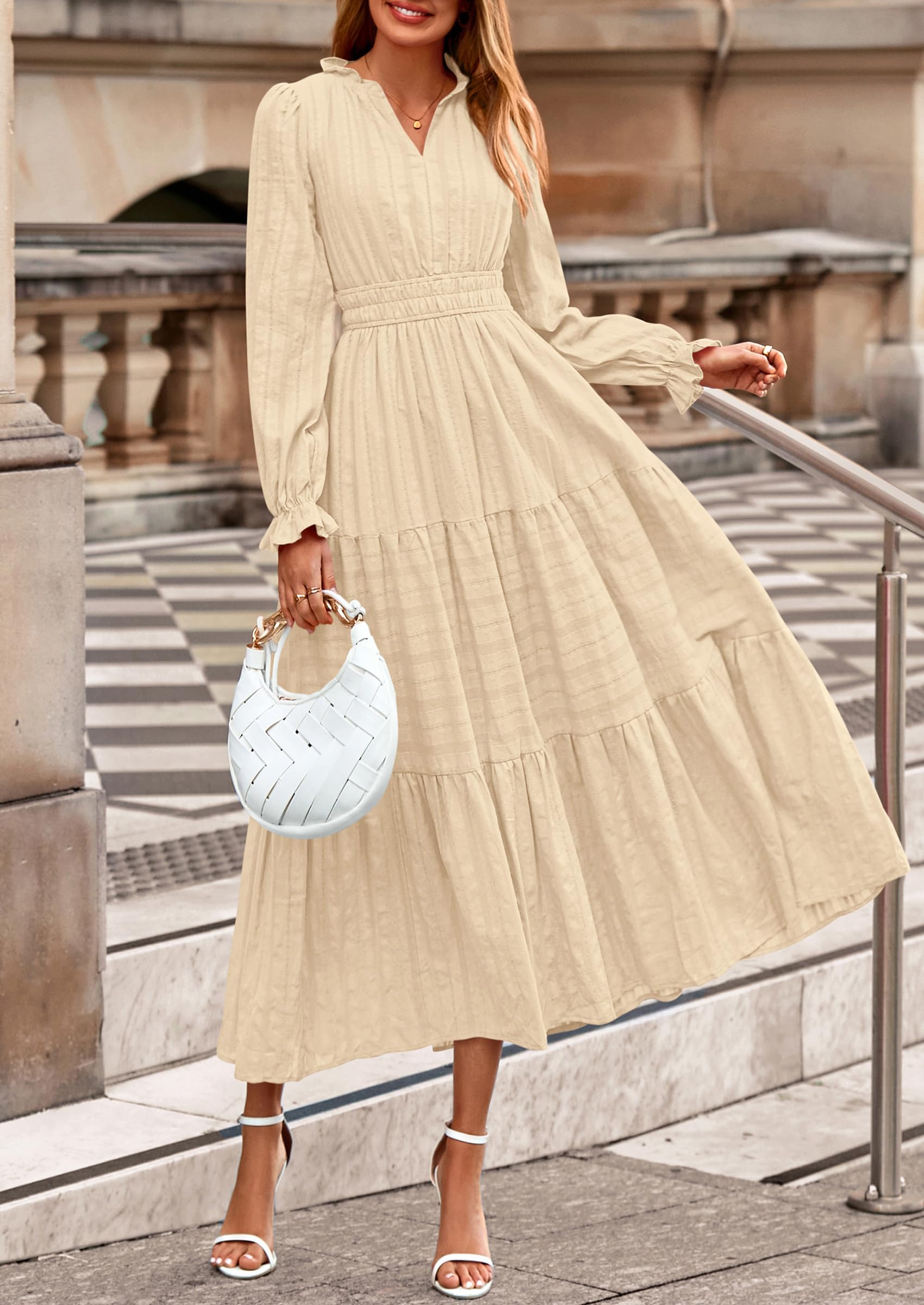 PRETTYGARDEN Women's Fall Wedding Guest Dresses Long Sleeve V Neck Flowy Elegant Holiday Party Maxi Dress with Pockets