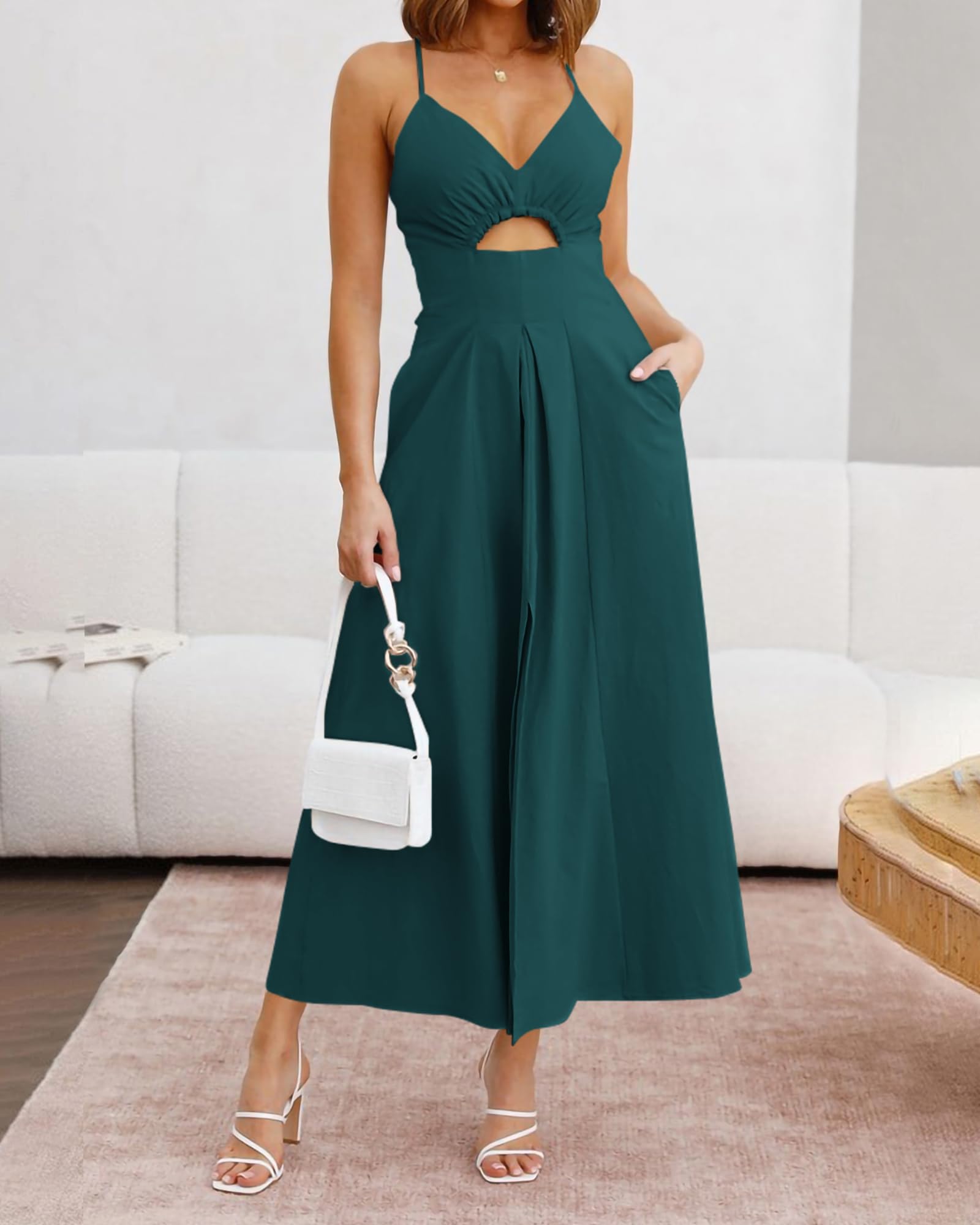 BTFBM Women Spaghetti Strap Midi Summer Dresses Sleeveless V Neck Cutout Slit Casual Beach Party Maxi Dress Pockets