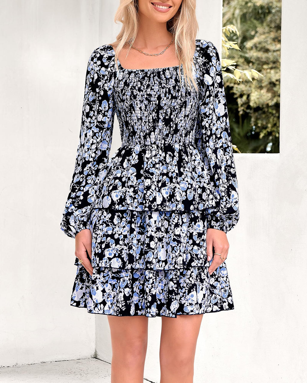 BTFBM Womens Long Sleeve Dress Summer Vacation Square Neck Smocked Floral Mini Boho Spring Wedding Guest Dresses