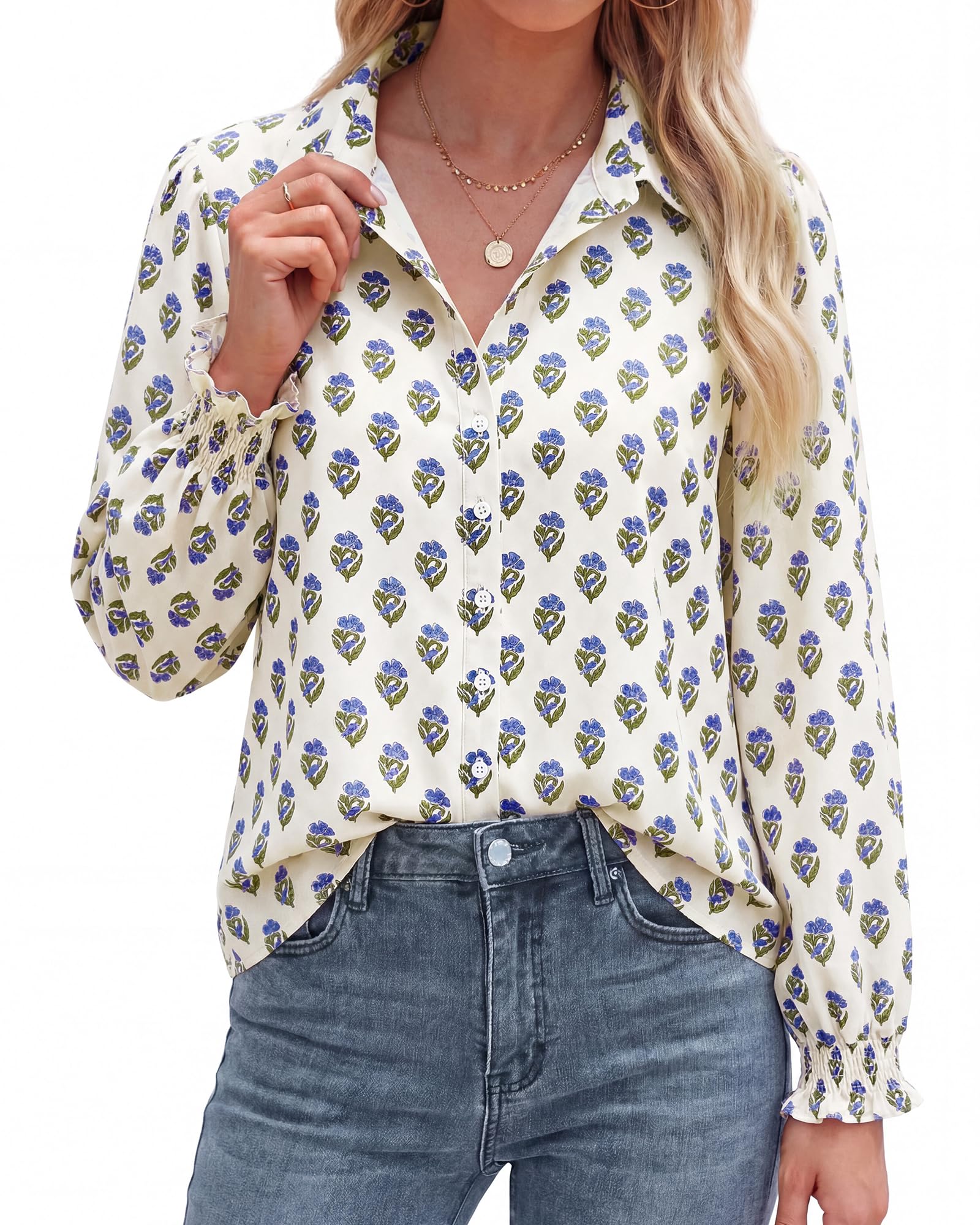 BTFBM Long Sleeve Blouses for Women, Floral V Neck Button Down Shirts, Smocked Cuffs, Business Casual Summer Outfits