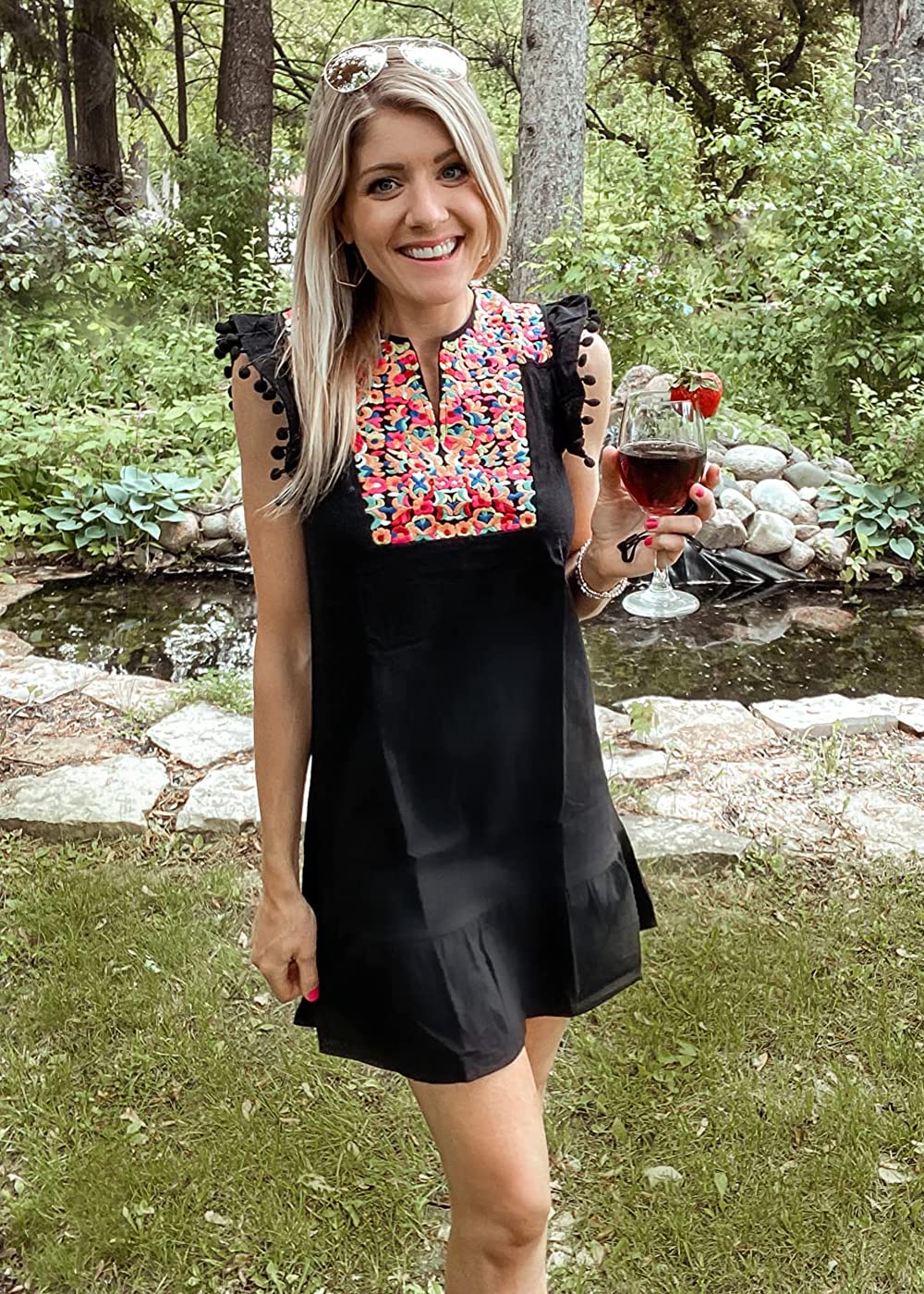 FreshPretty Women's Summer Mini Dress Casual V Neck Floral Embroidered Ruffle Sleeveless Shift Flowy Boho Dress