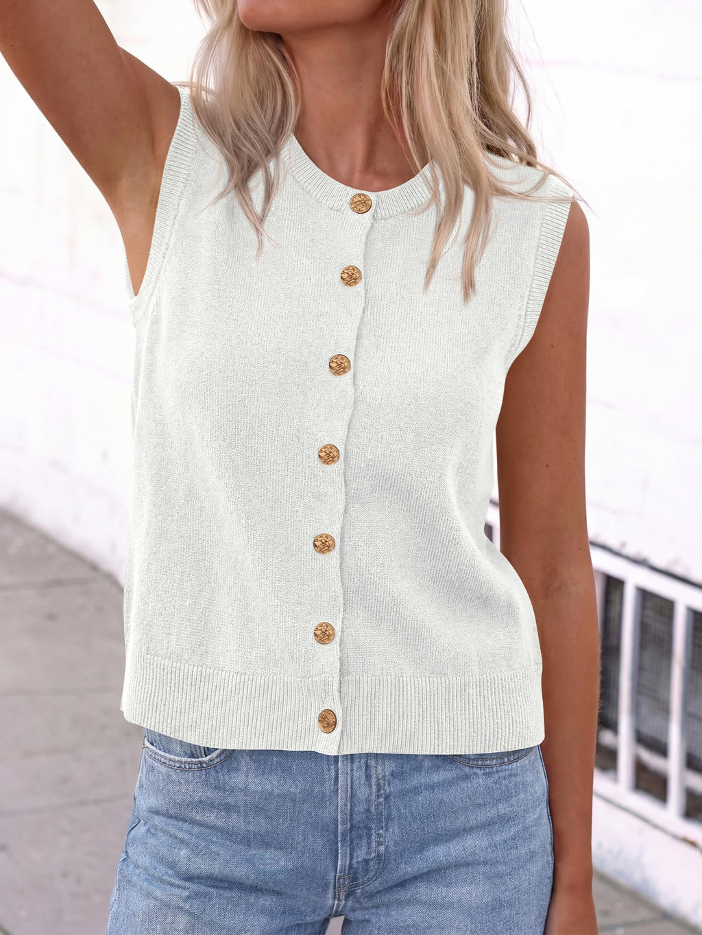 BTFBM Sweater Vest Women Casual Crewneck Loose Button Down Knit Sleeveless Cardigan Spring Clothes Summer Vest Tops