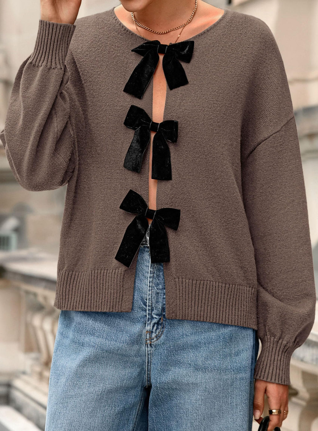 PRETTYGARDEN Cardigan Sweaters for Women Fall Fashion Bow Tie Front Long Sleeve Knit Sweater Tops Cute Winter Clothes