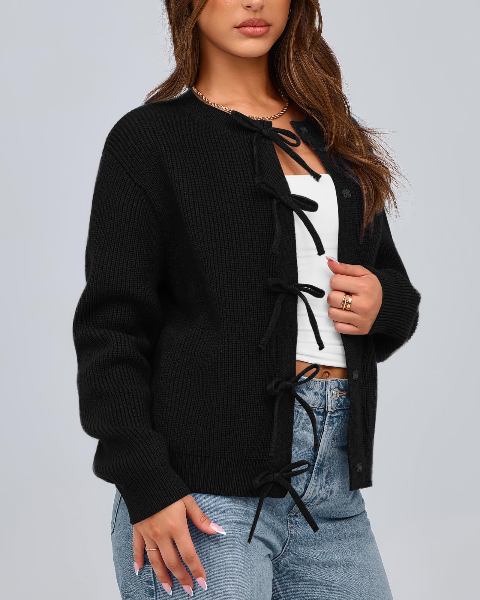 BTFBM Bow Cropped Cardigan Sweaters for Women Fall Winter Open Front Sweater Long Sleeve Button Fashion Spring Clothes