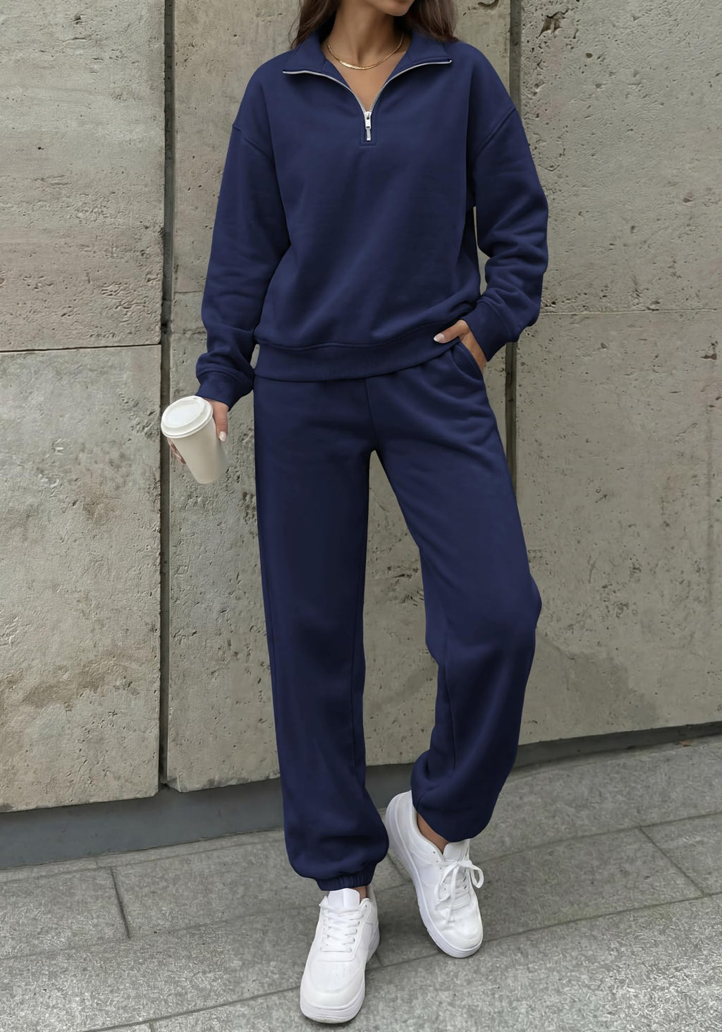 BTFBM Womens 2 Piece Outfits Sweatsuit Fleece Lounge Sets Quarter Zip Pullover Sweatshirt,Baggy Jogger Sweatpants,Fall Fashion Clothing,Airport Travel Matching Sweat Set