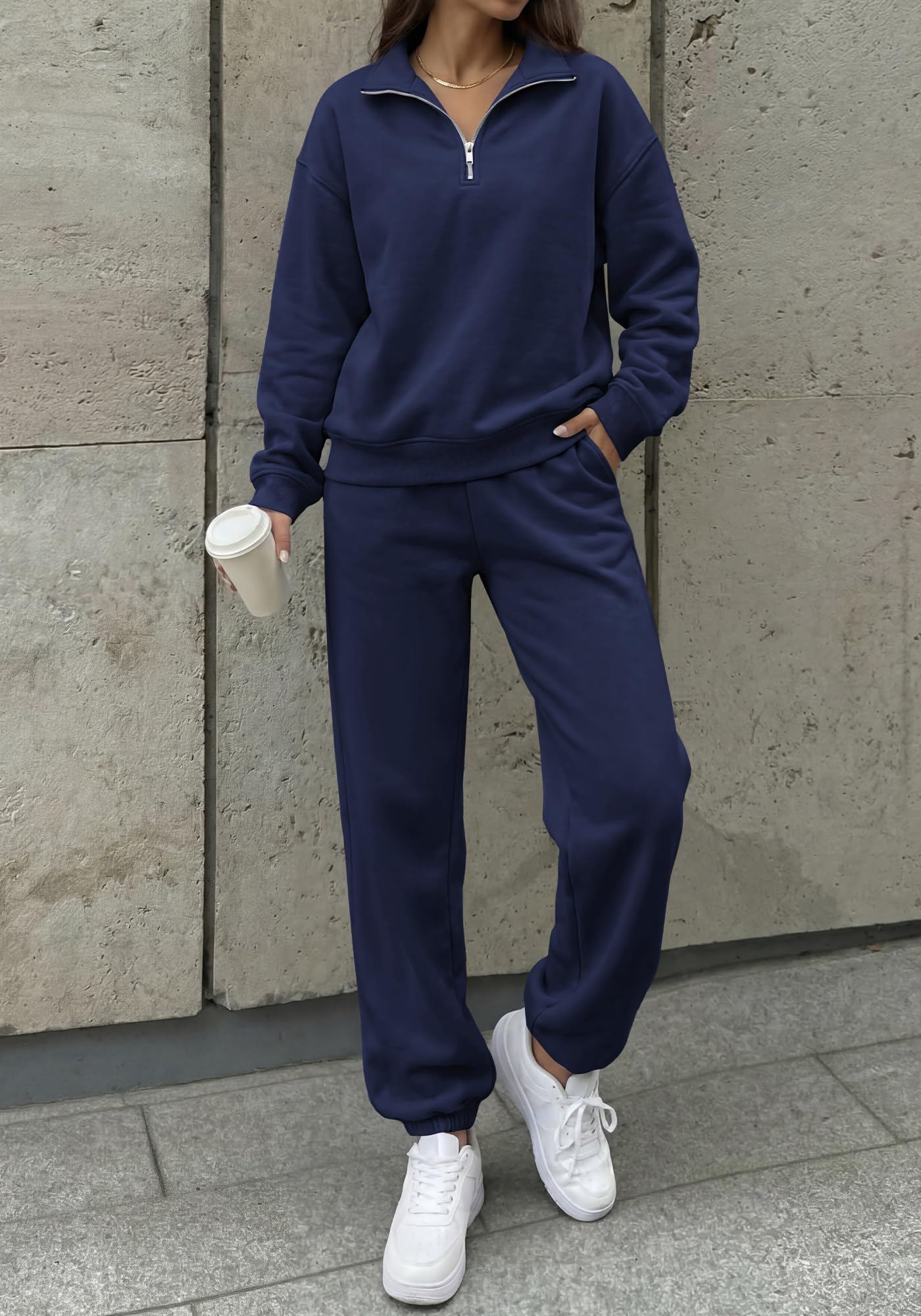 BTFBM Womens 2 Piece Outfits Sweatsuit Fleece Lounge Sets Quarter Zip Pullover Sweatshirt,Baggy Jogger Sweatpants,Fall Fashion Clothing,Airport Travel Matching Sweat Set