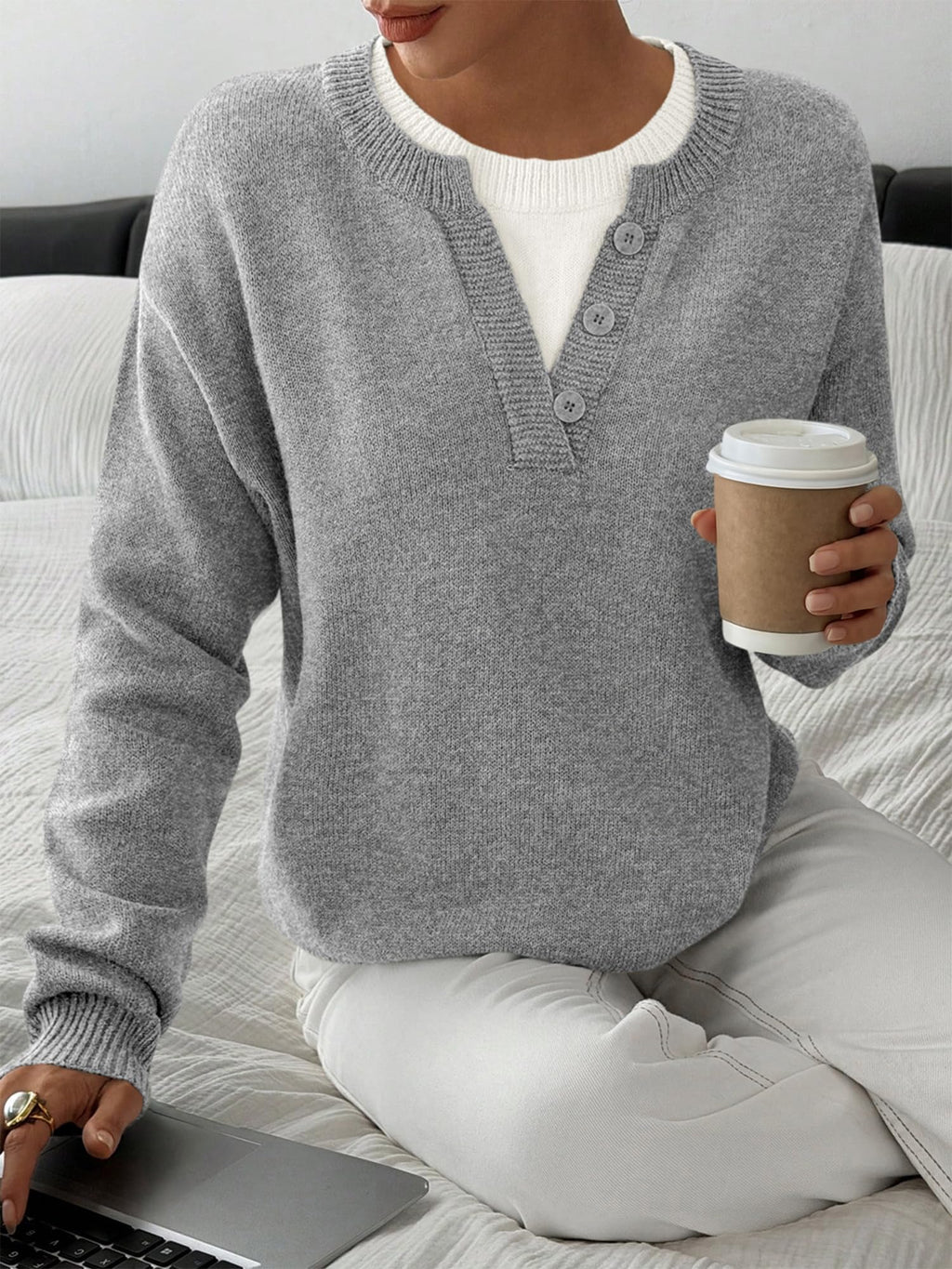 BTFBM Women Long Sleeve Crew Neck Sweaters Tops, 2 in1 Knitted Pullover, Deco Buttons, Oversized, Stretchy, Vacation, Business Casual Outfits, Fall Winter Trendy