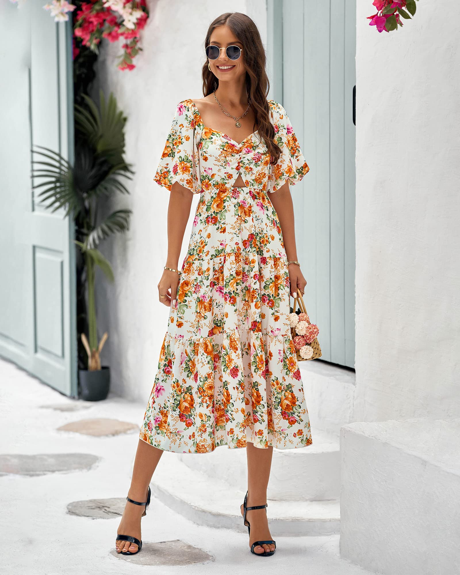 FreshPretty Women Summer Dresses Casual Flowy Beach Square Neck Puff Short Sleeve Smocked Back Boho Floral Long Maxi Dress