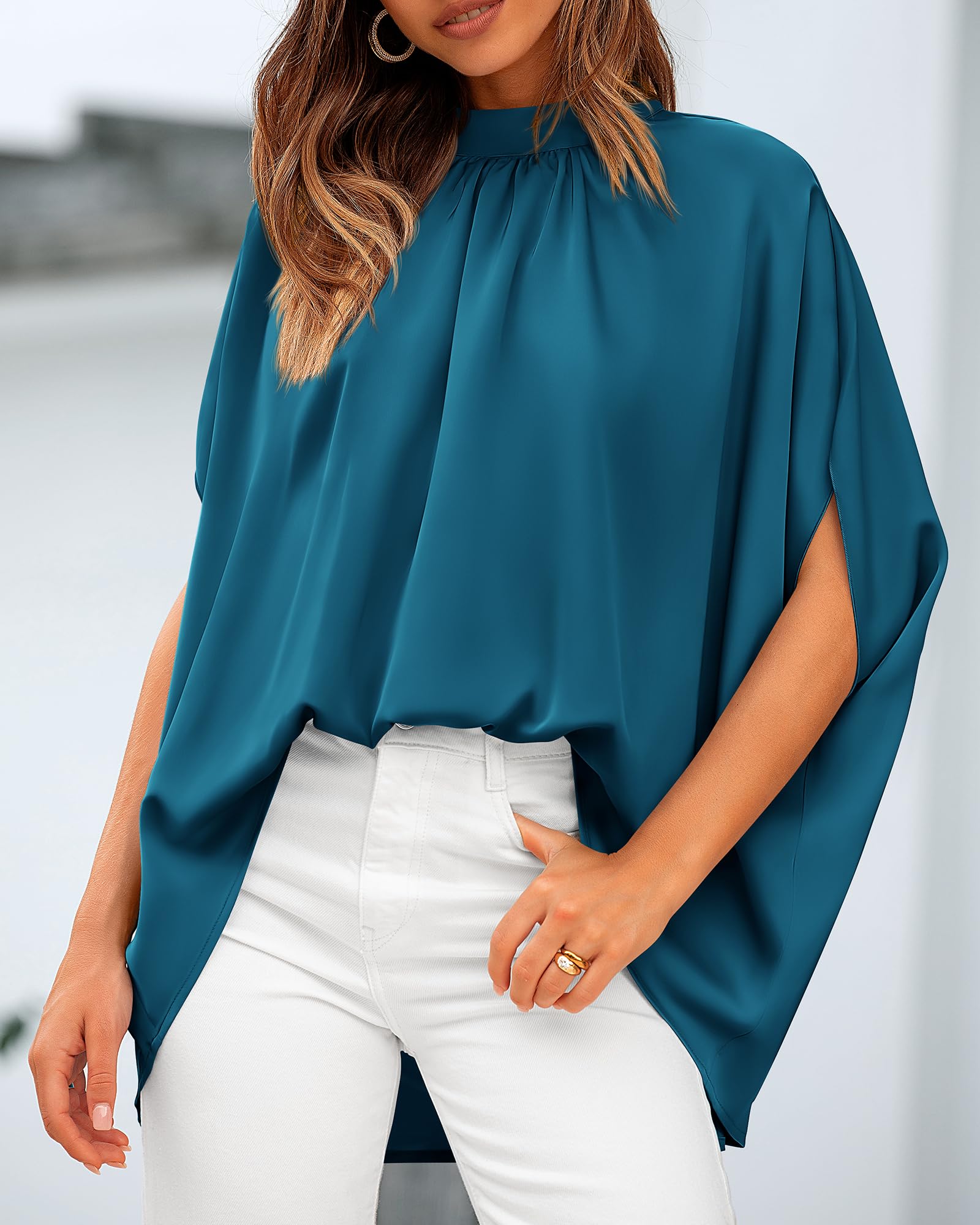 BTFBM Womens Summer Tops Mock Neck Batwing Sleeve Silk Satin Shirts Loose Oversized Dressy Casual Spring Blouses