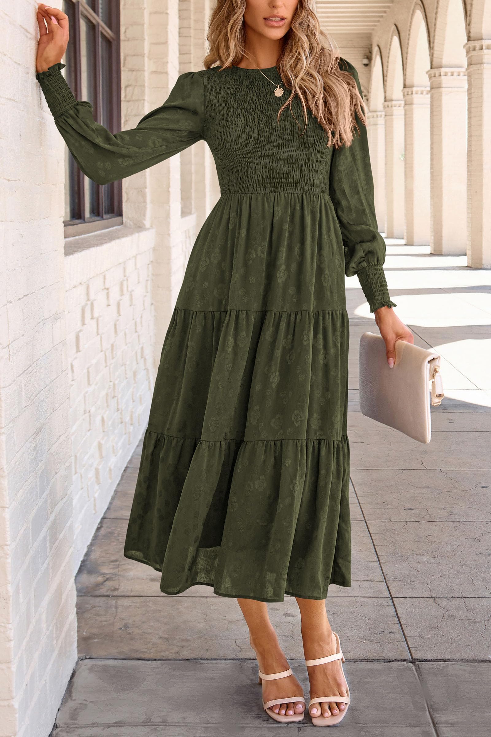 PRETTYGARDEN Women's Fall Spring Midi Dress Long Sleeve Floral Smocked Elegant Wedding Guest Long Flowy Dresses with Pockets