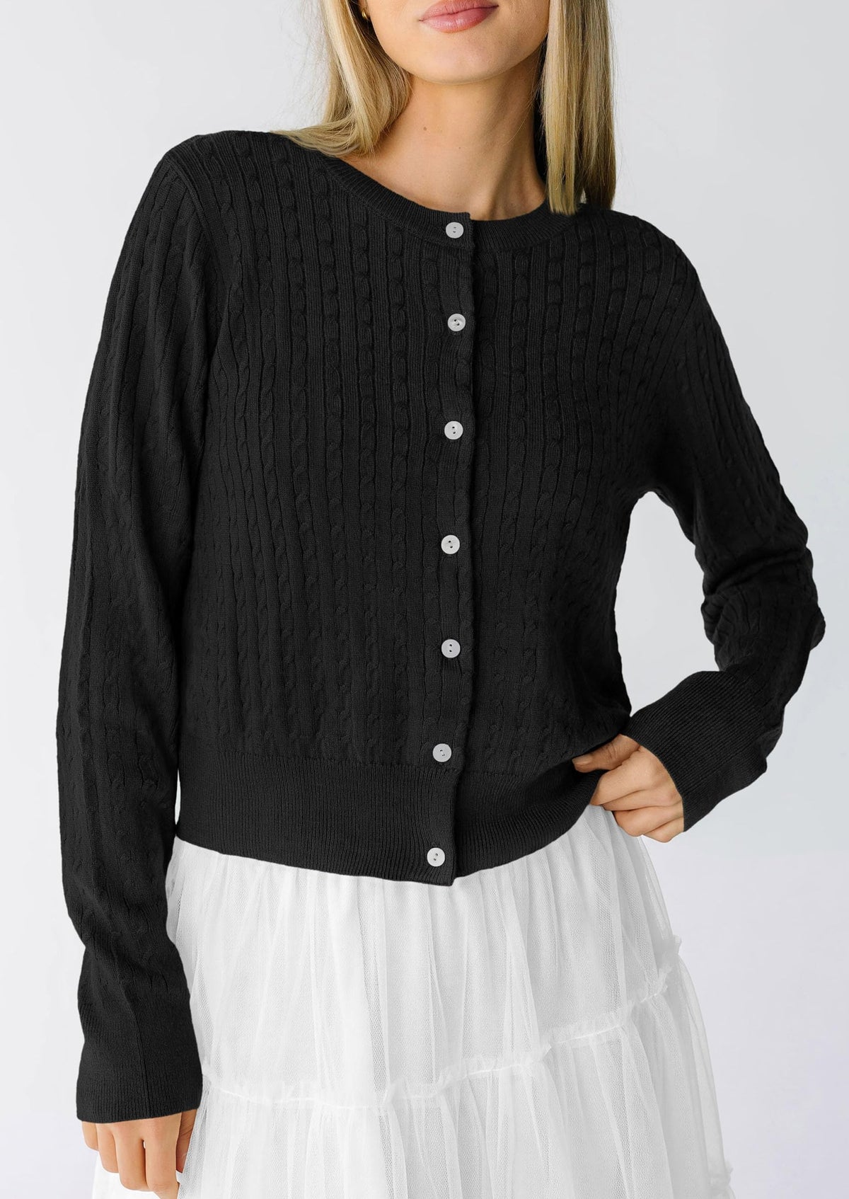 PRETTYGARDEN Women Lightweight Button Up Cardigan Sweaters | Soft Stretchy, Cozy Cable Knit, Long Sleeve Crew Neck, Trendy Cardigans, Cute Casual Outfits, Early Fall Fashion Clothing