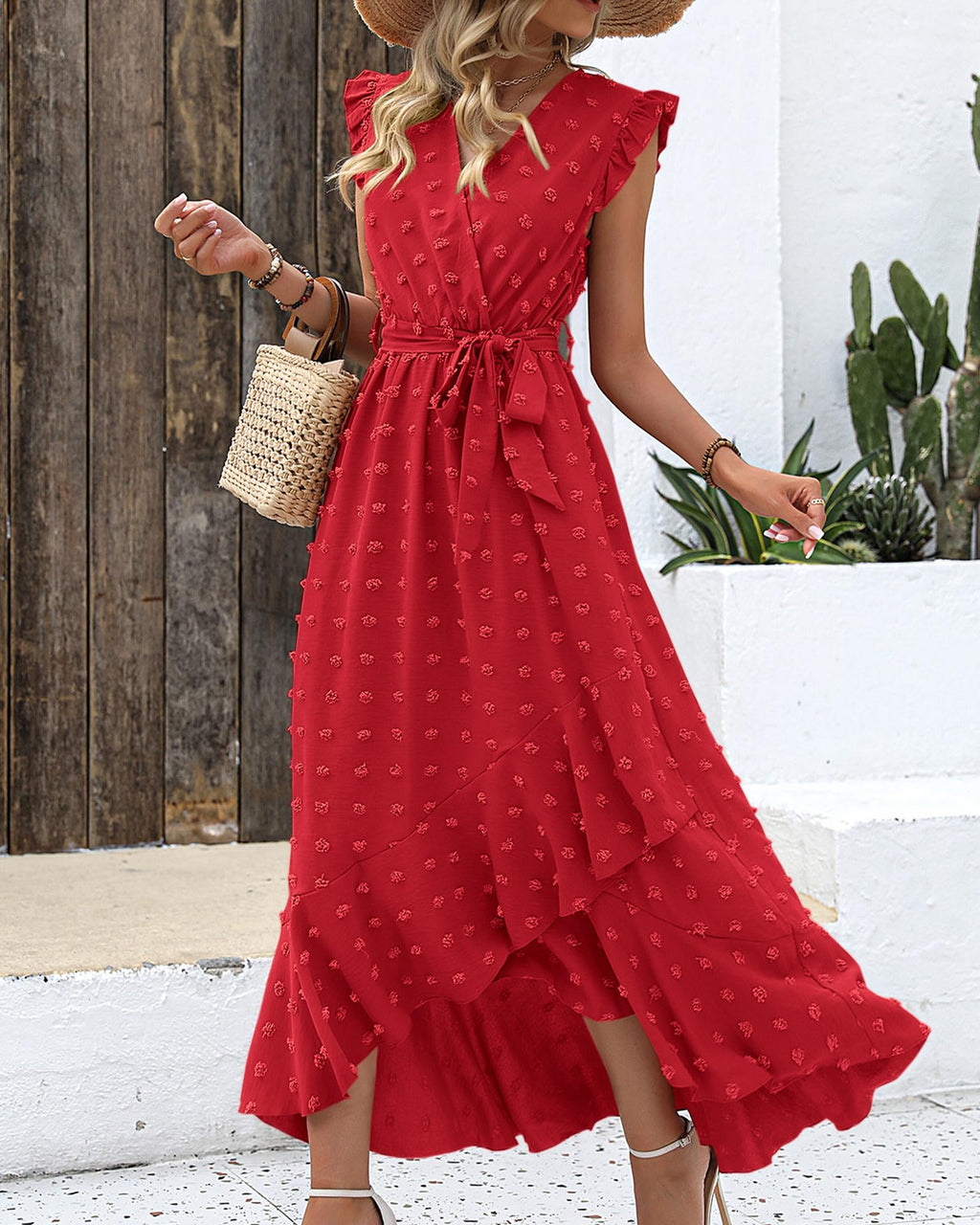 BTFBM Boho Dresses for Women Spring Fashion Cap Sleeve Swiss Dot Flowy Ruffle Beach Wedding Cocktail Maxi Dress