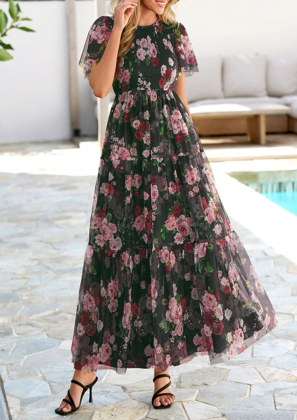 PRETTYGARDEN Tulle Floral Dress Women Summer Wedding Guest  Spring Short Sleeve Maxi Smocked Flowy Beach Party Dresses