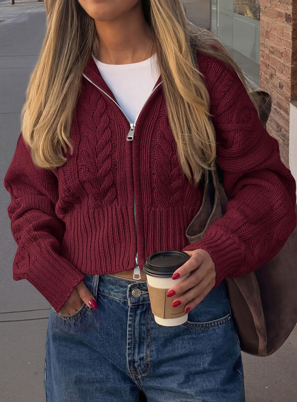 PRETTYGARDEN Women's Cable Knit Cropped Cardigan Sweaters Oversized Sweater, Long Sleeve Zip Up Jacket, Collared Neck, Ribbed Hem, Cozy Soft Casual Wear, Fall Clothes Winter Outerwear