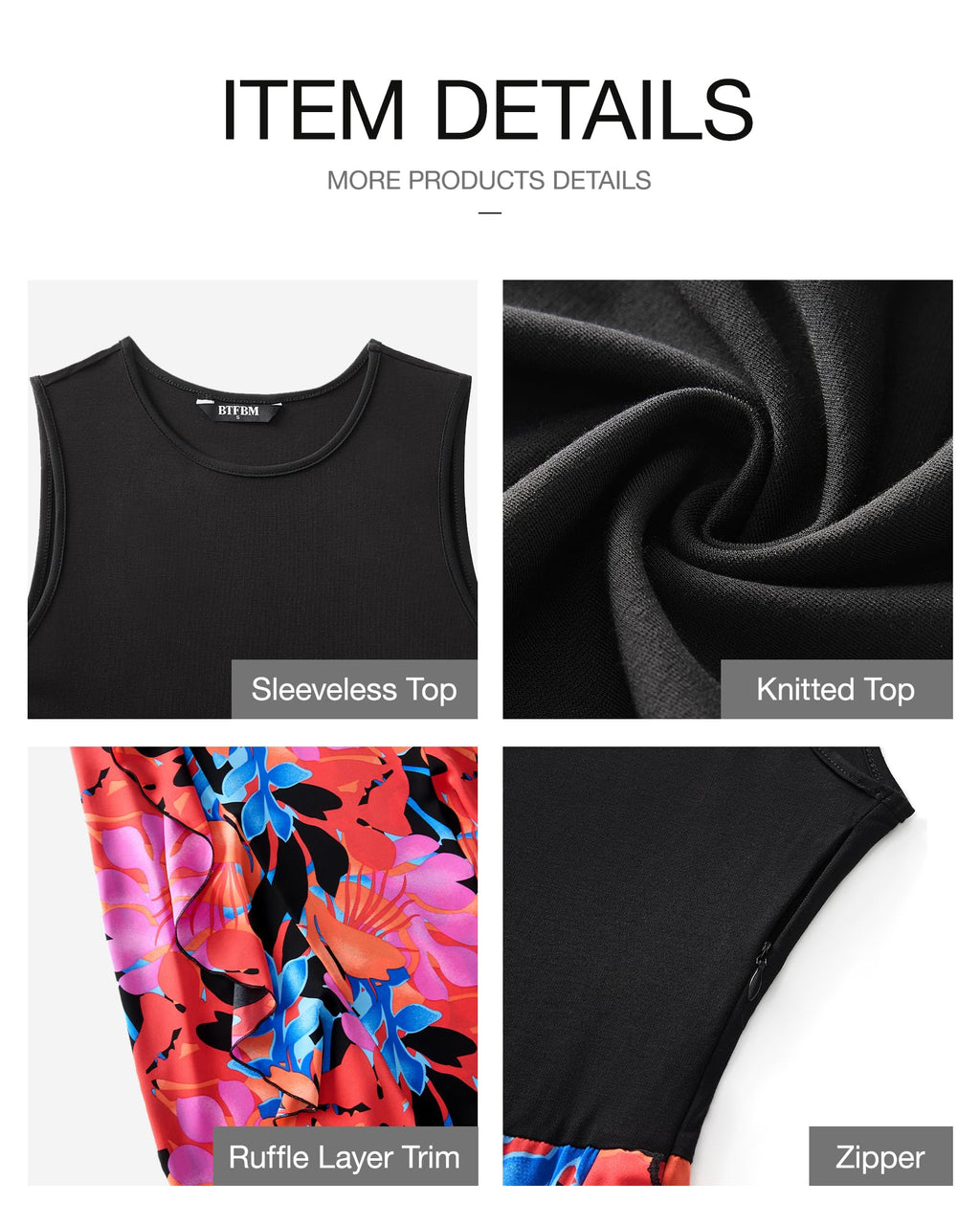 FreshPretty Women Casual Sleeveless Summer Dresses Spring Crewneck Patchwork Boho Floral Ruffle Cocktail Party Midi Dress