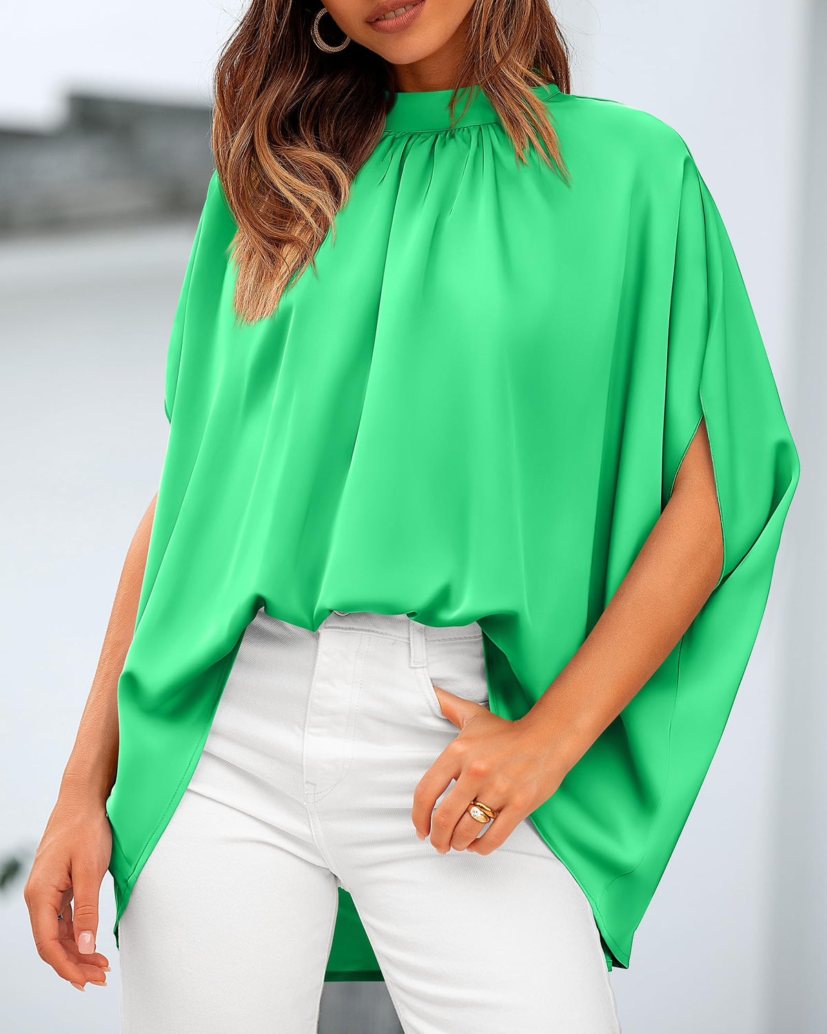 BTFBM Womens Summer Tops Mock Neck Batwing Sleeve Silk Satin Shirts Loose Oversized Dressy Casual Spring Blouses