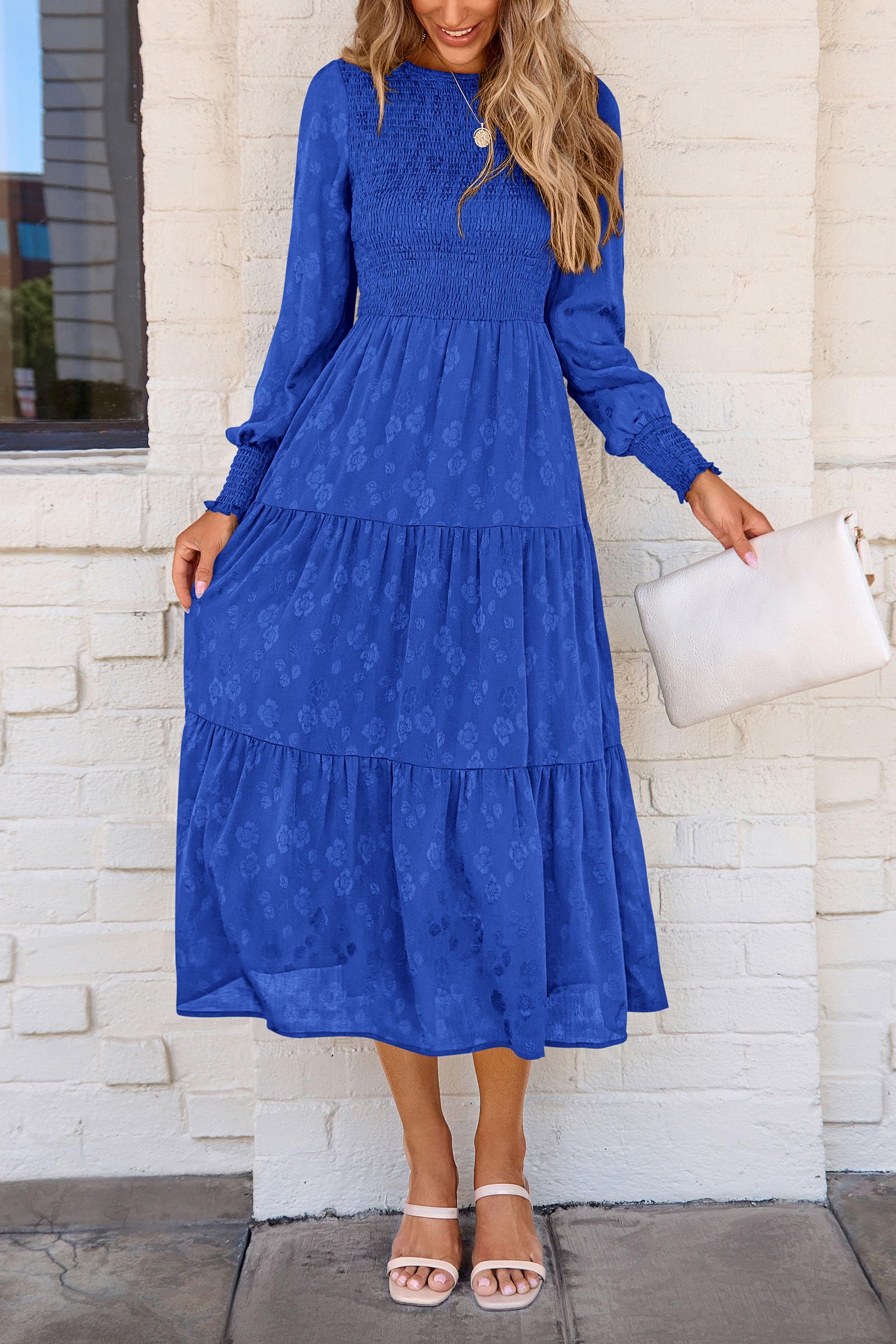 PRETTYGARDEN Women's Fall Spring Midi Dress Long Sleeve Floral Smocked Elegant Wedding Guest Long Flowy Dresses with Pockets